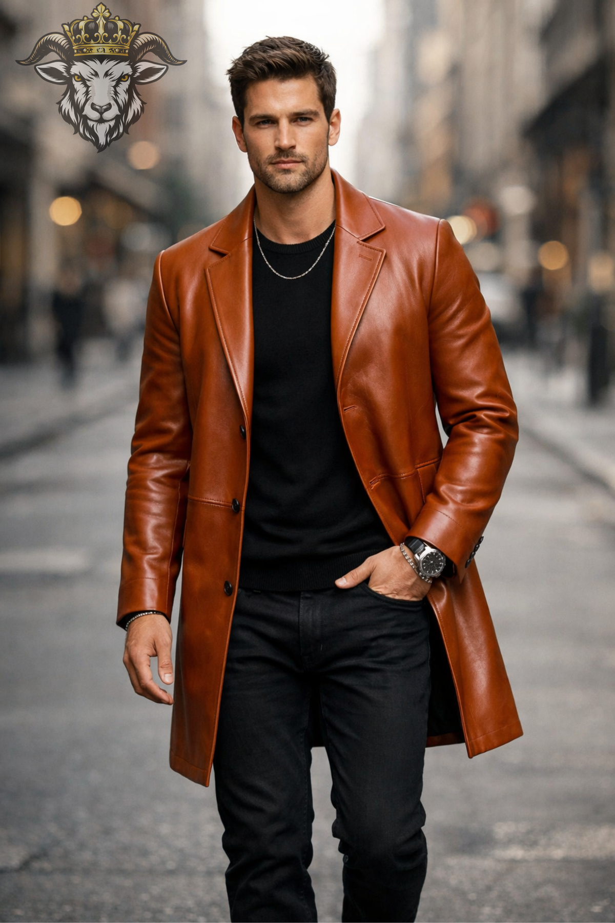 Men's Burnt Orange Leather Overcoat, Slim Fit Long Coat, Classic Notch Lapel Jacket, Three Button Front, Luxury Style Outerwear