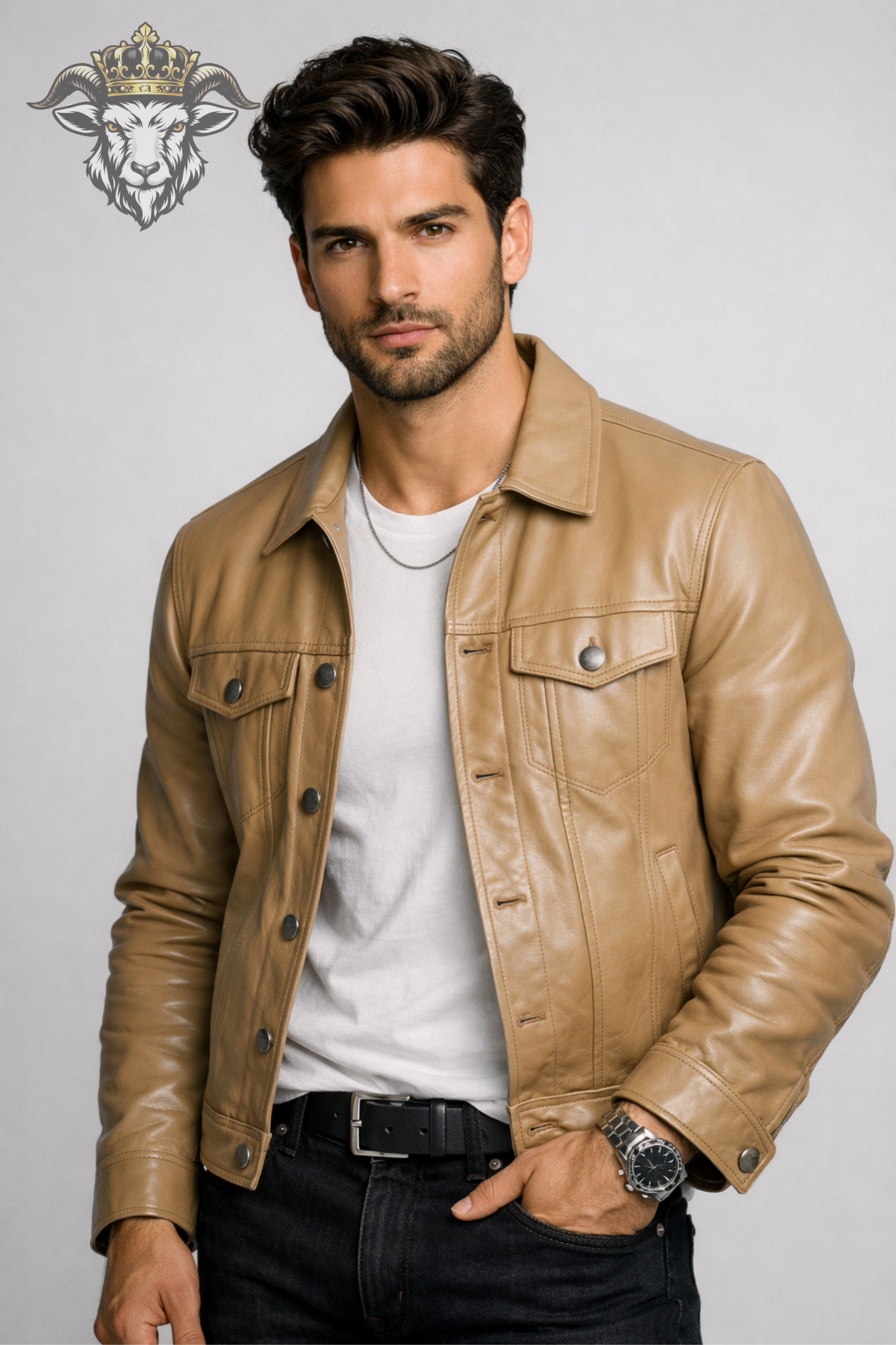 Men’s Beige Real Leather Trucker Jacket