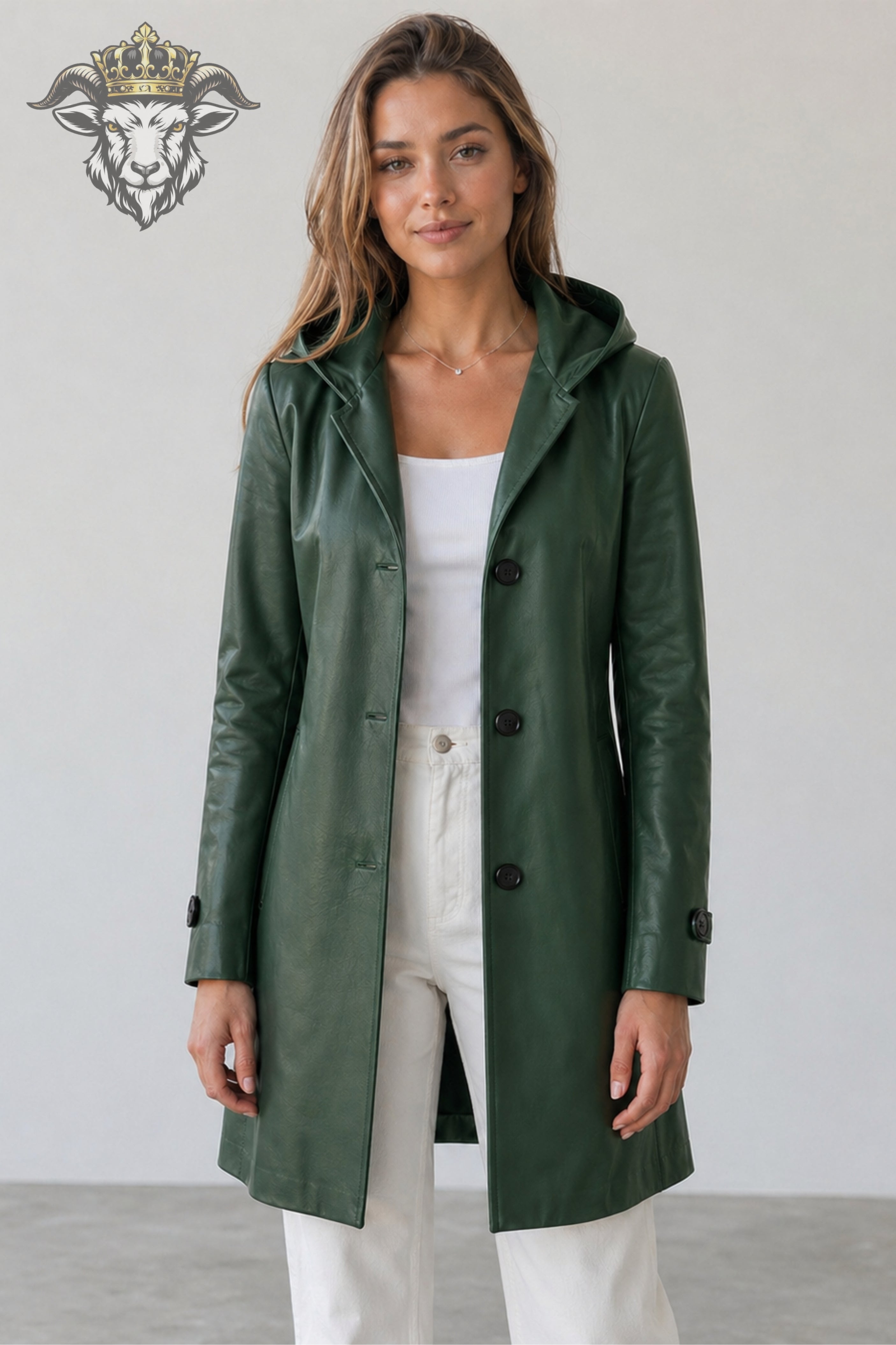 Women’s Green Real Leather Hooded Coat