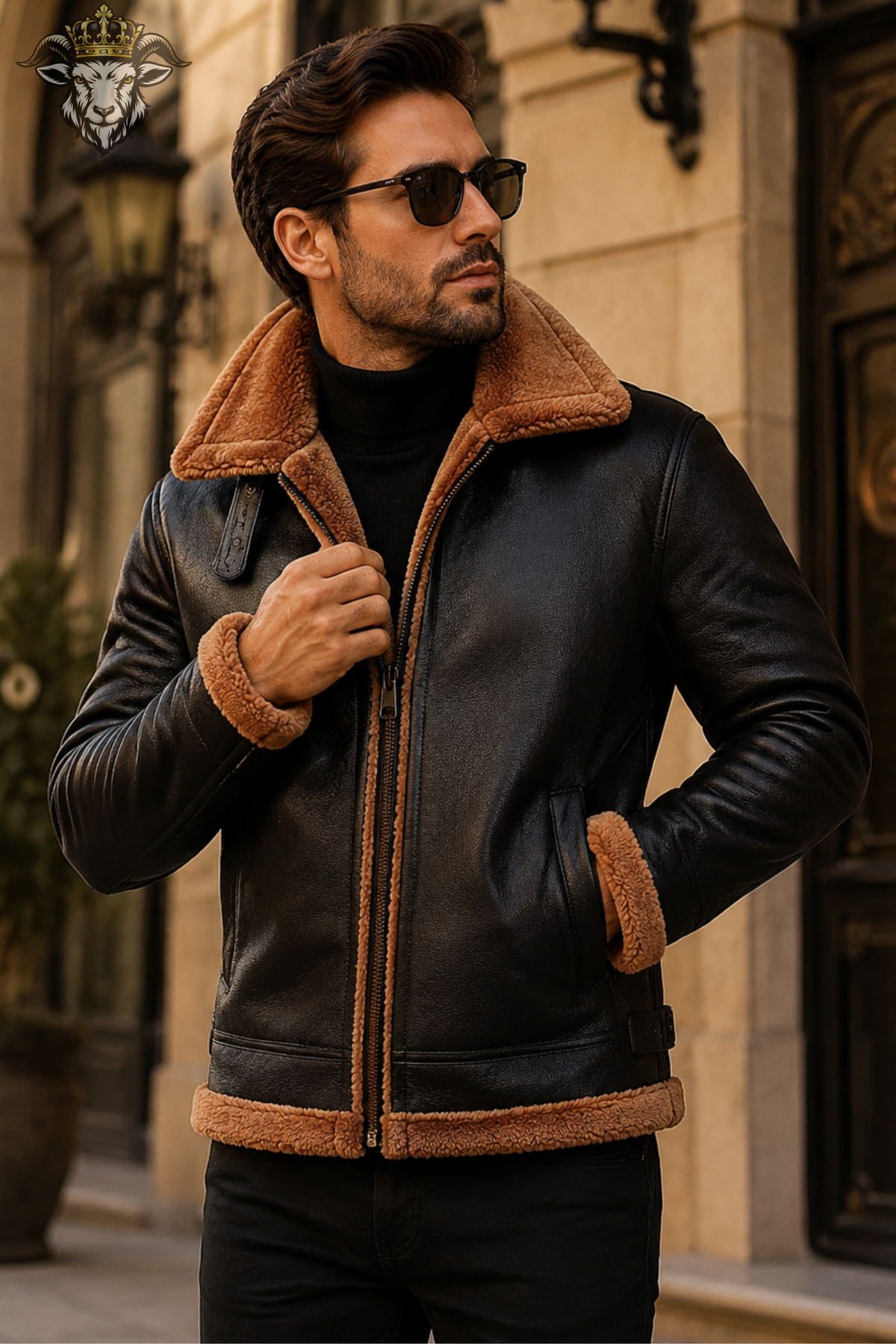 Men’s Black Shearling Leather Jacket, Genuine Leather Aviator Jacket, Faux Fur Lined Winter Bomber Coat, B3 Flight Jacket