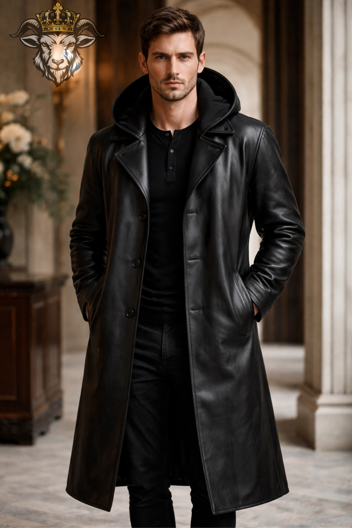 Men's Black Real Leather Hooded Long Coat, Below Knee Leather Trench Coat, Button Closure Winter Overcoat, Gothic Luxury Mens Outerwear