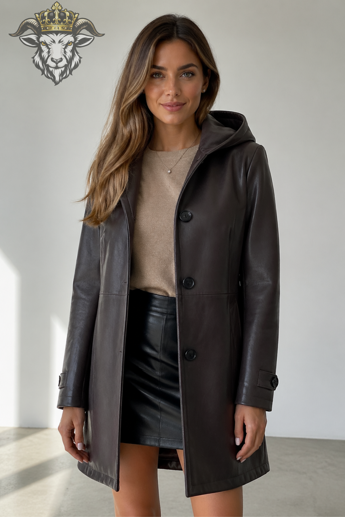 Women's Charcoal Leather Hooded Coat, Mid-Thigh Leather Jacket, Button Front Hooded Outerwear, Tailored Winter Coat, Elegant Minimalist Jacket