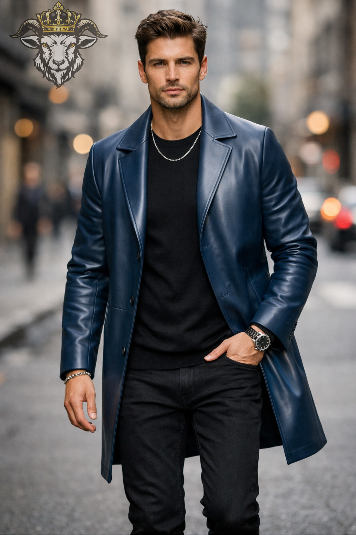 Men's Navy Blue Leather Overcoat, Long Slim Fit Coat, Classic Notch Lapel Jacket, Three Button Front, Refined Men's Outerwear