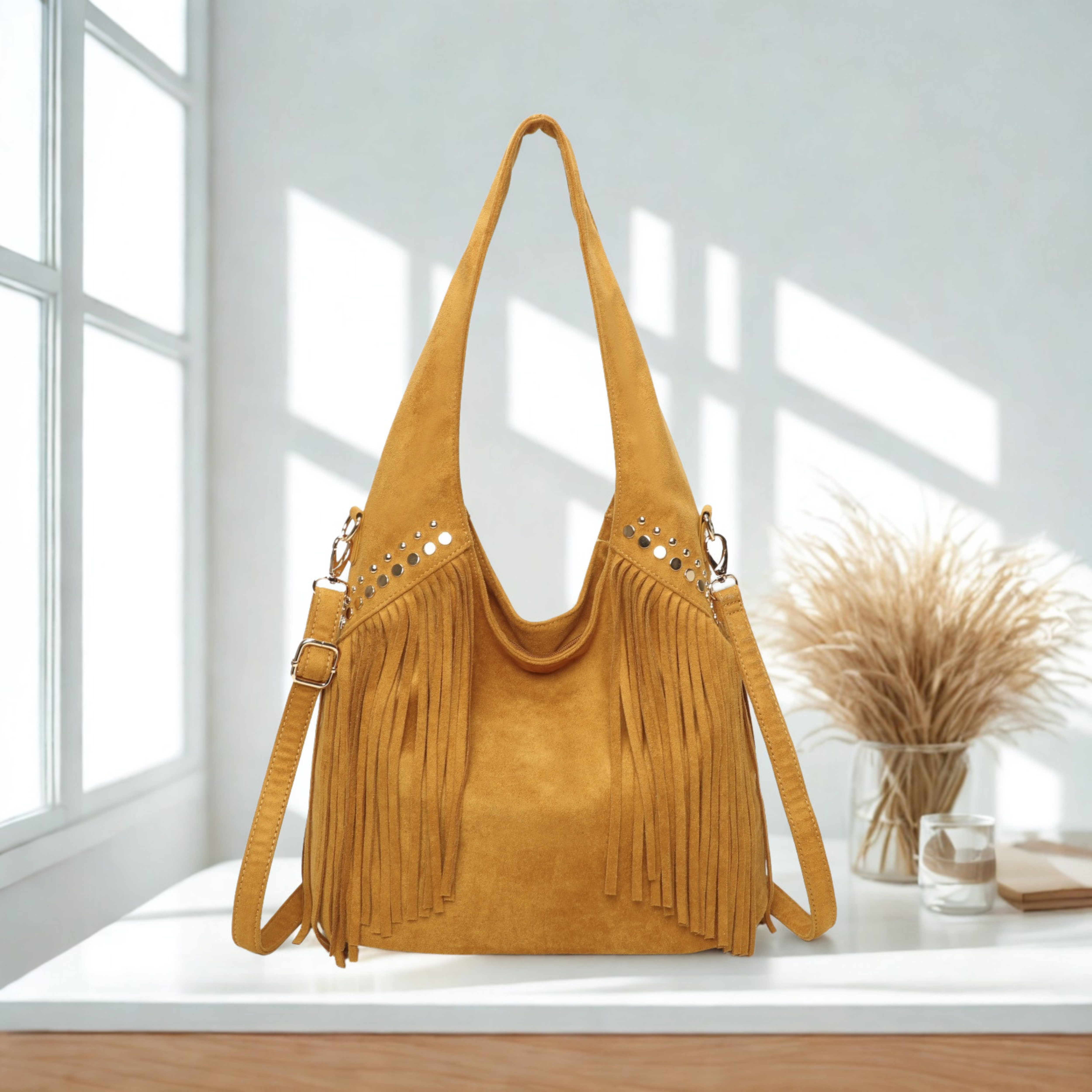 Women’s Suede Effect Fringe Hobo Shoulder Bag Tassel Studded Handbag with Strap