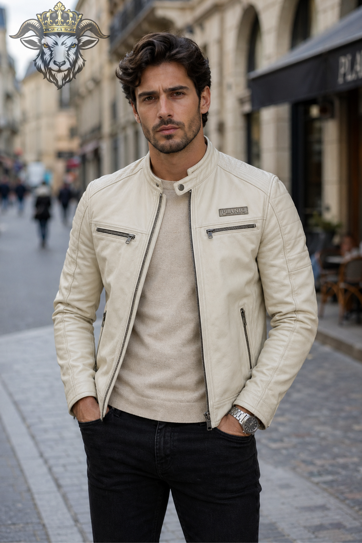 Men's Cream Real Leather Biker Jacket, Slim Fit Cafe Racer Moto Jacket, PLANIO Quilted Motorcycle Jacket, Zip Pocket Outerwear