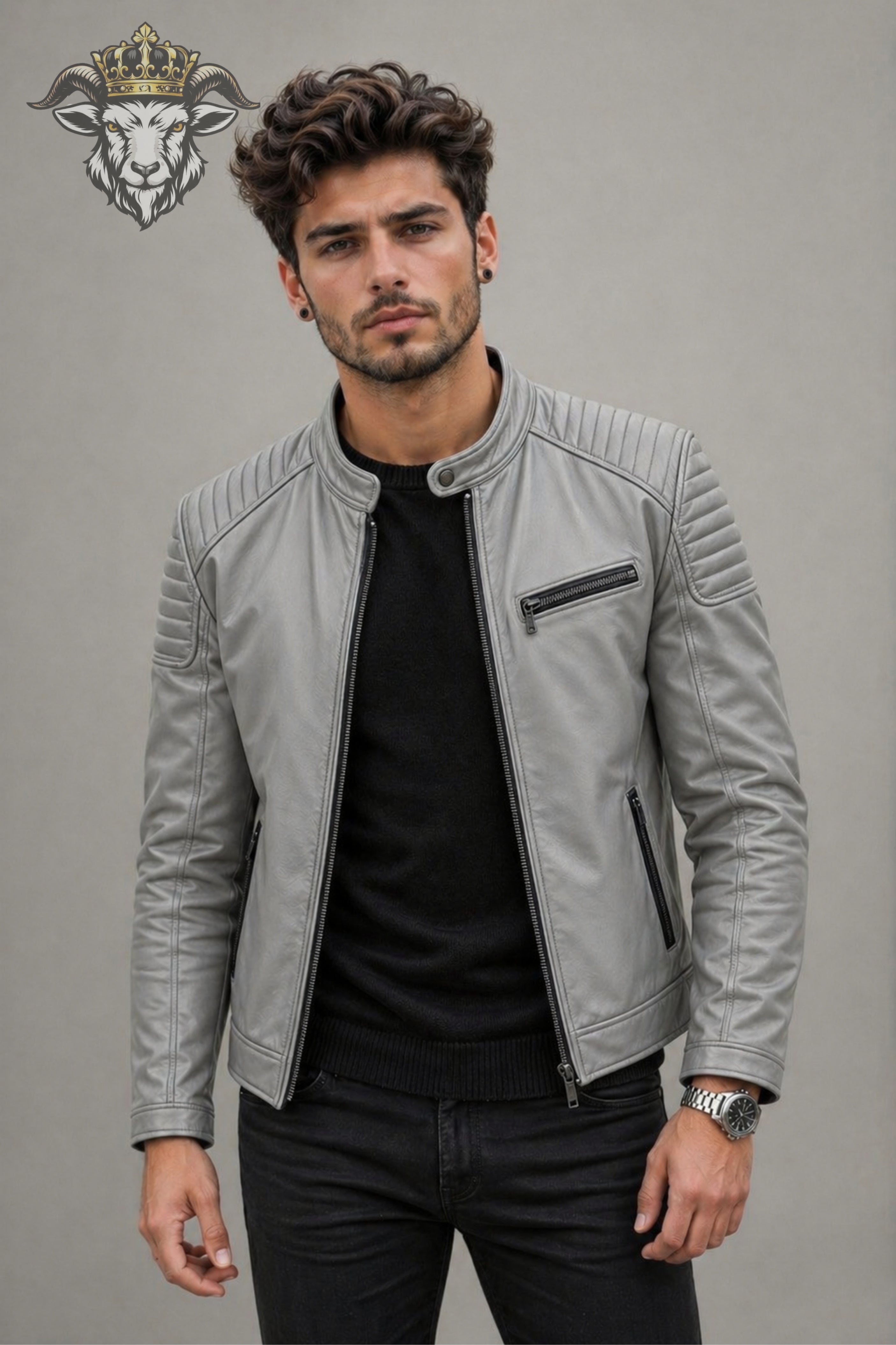 Men’s Light Grey Real Leather Roadster Jacket