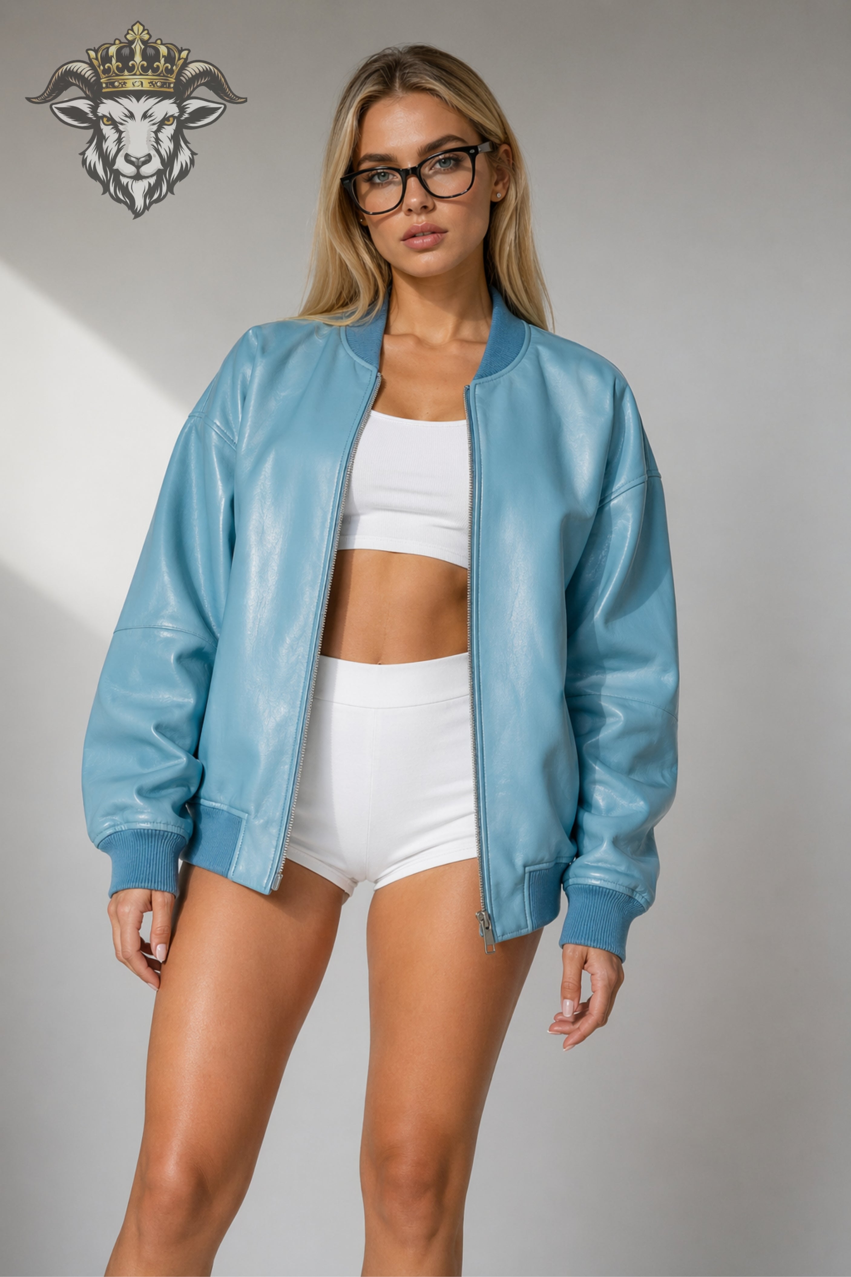 Women’s Cyan Oversize Real Leather Bomber Jacket