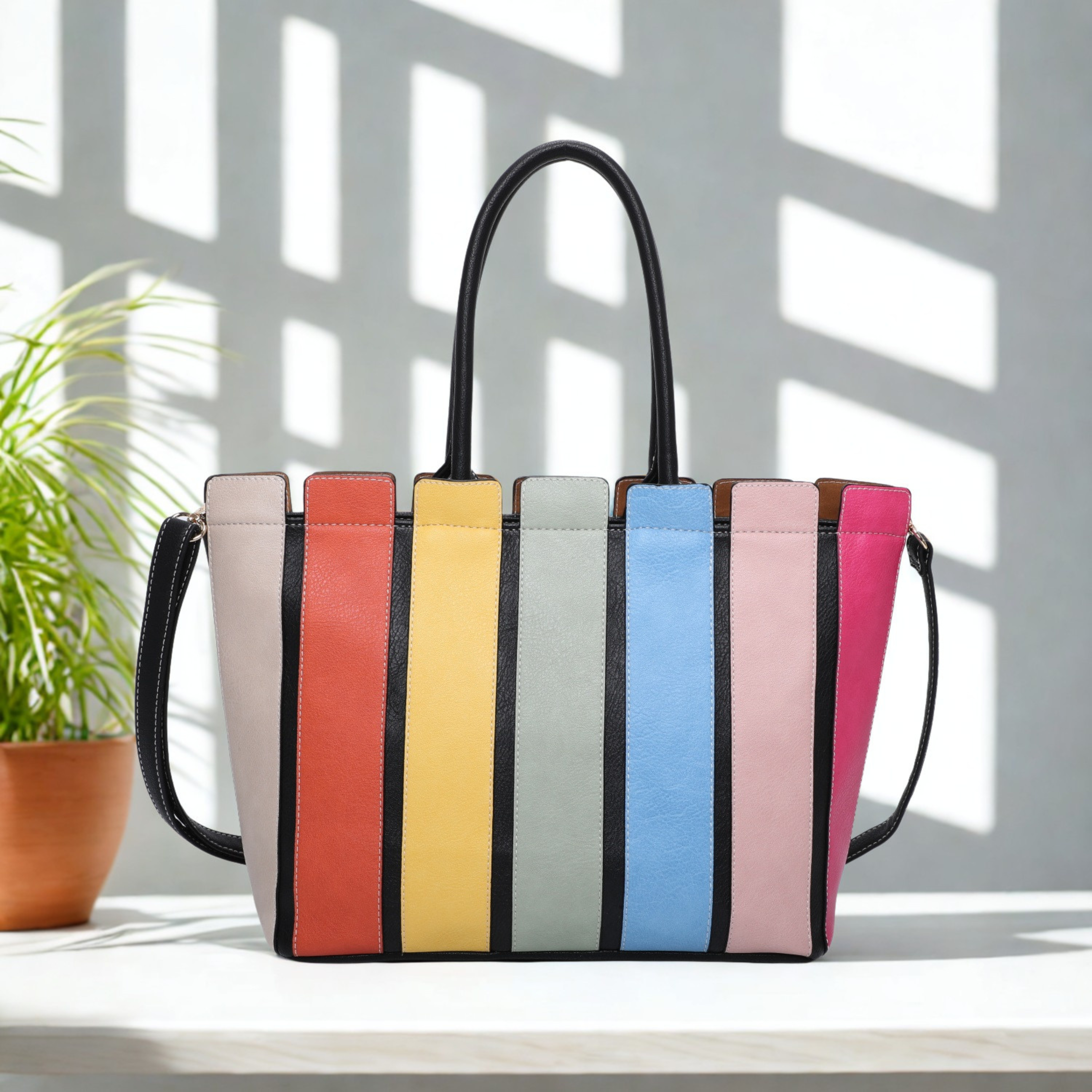 Women’s Large Striped Tote Bag Zip Top Shoulder Crossbody Handbag