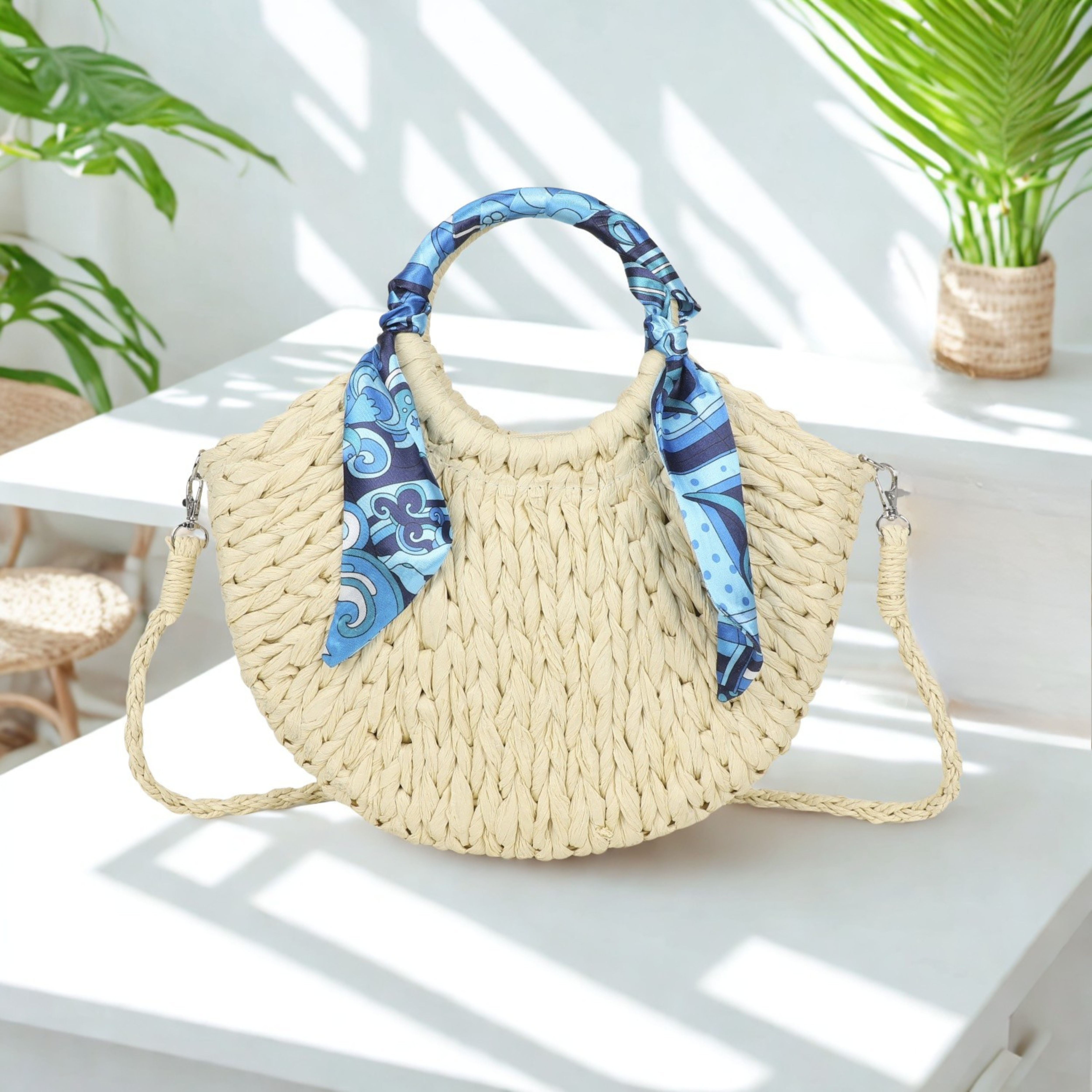 Women’s Synthetic Handbag with Detachable Strap & Scarf – Zip Top Closure Multiway Crossbody Shoulder Bag