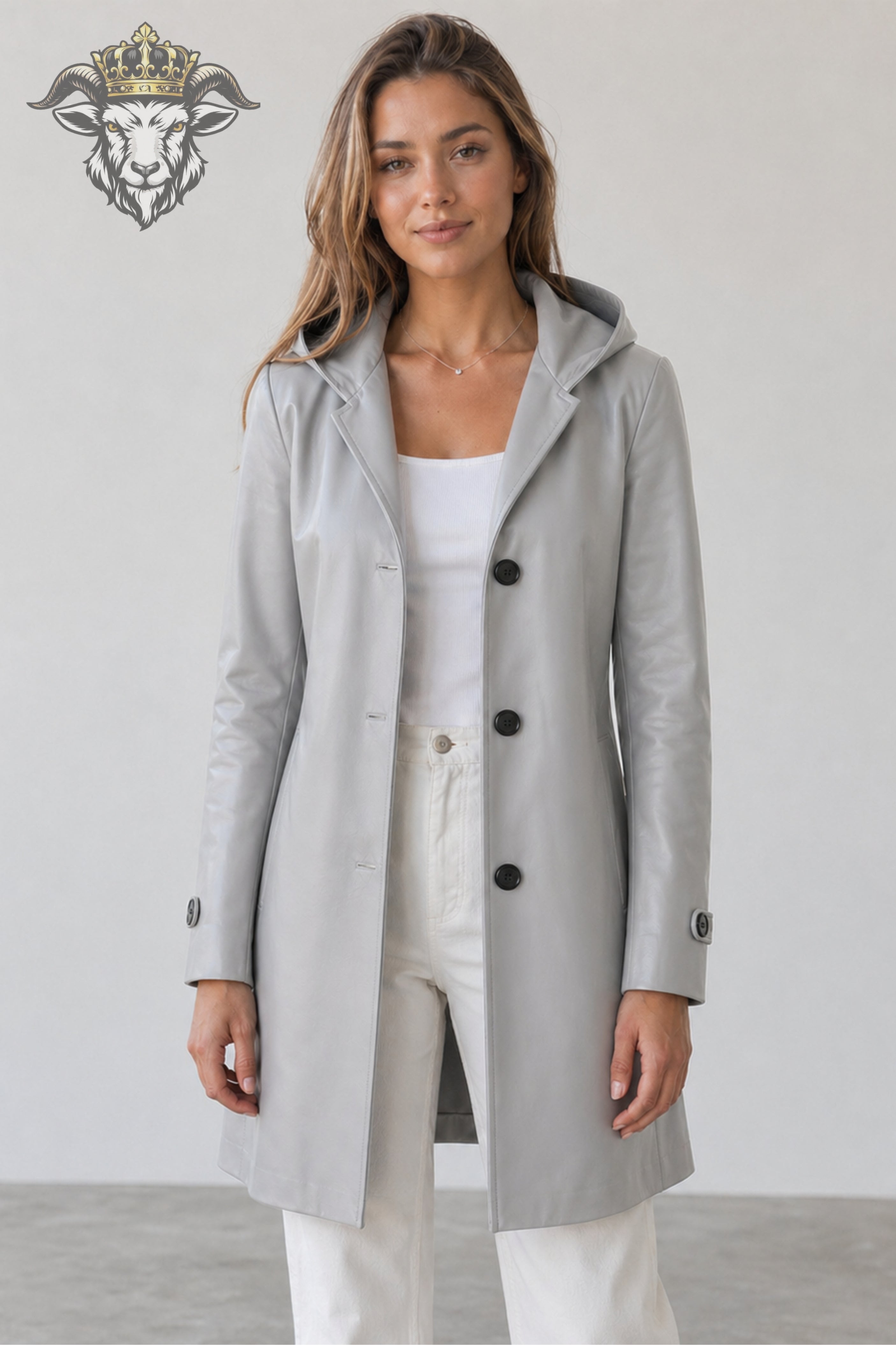 Women’s Light Grey Real Leather Hooded Coat