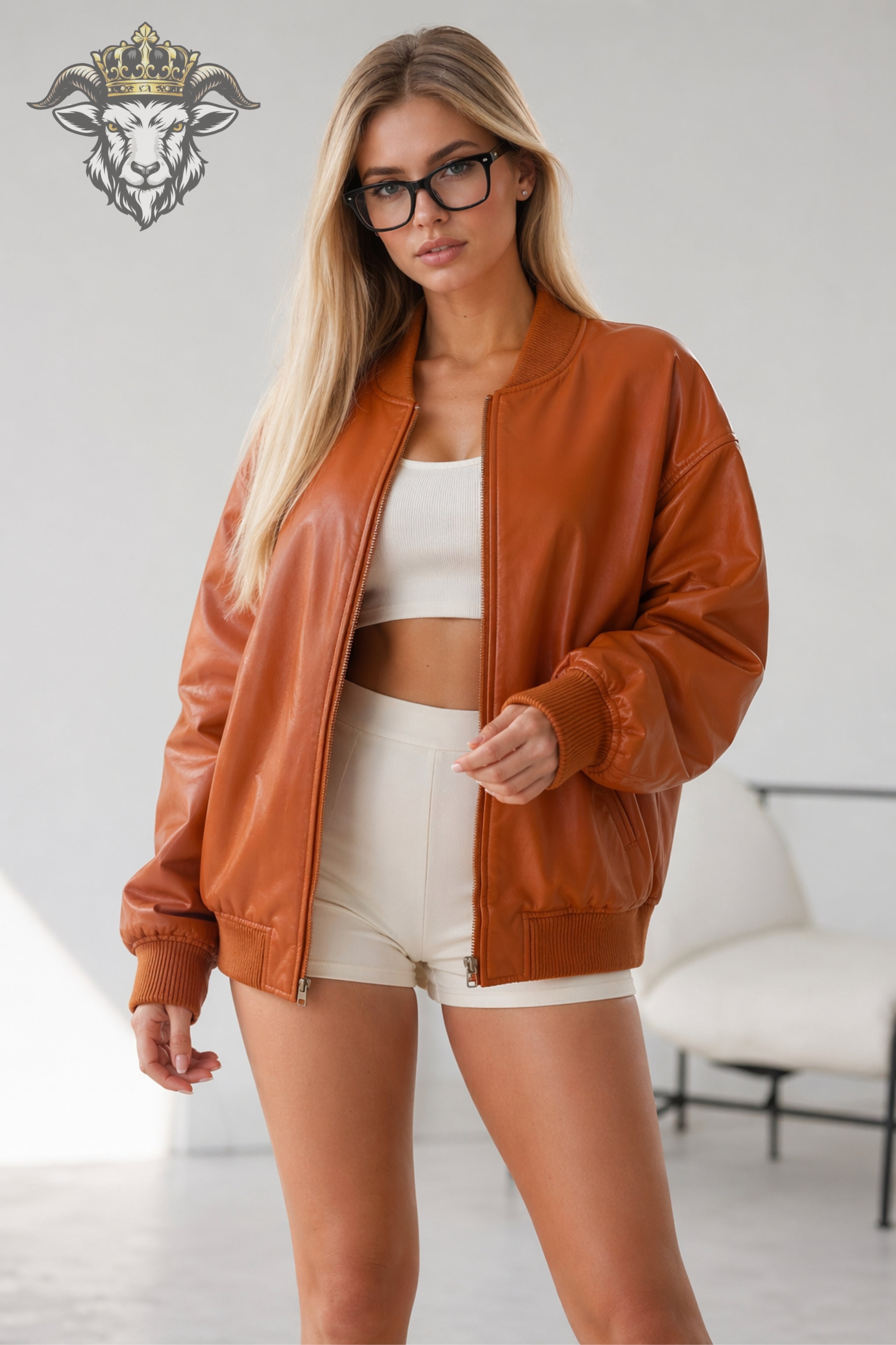Women’s Burnt Orange Oversize Real Leather Bomber Jacket