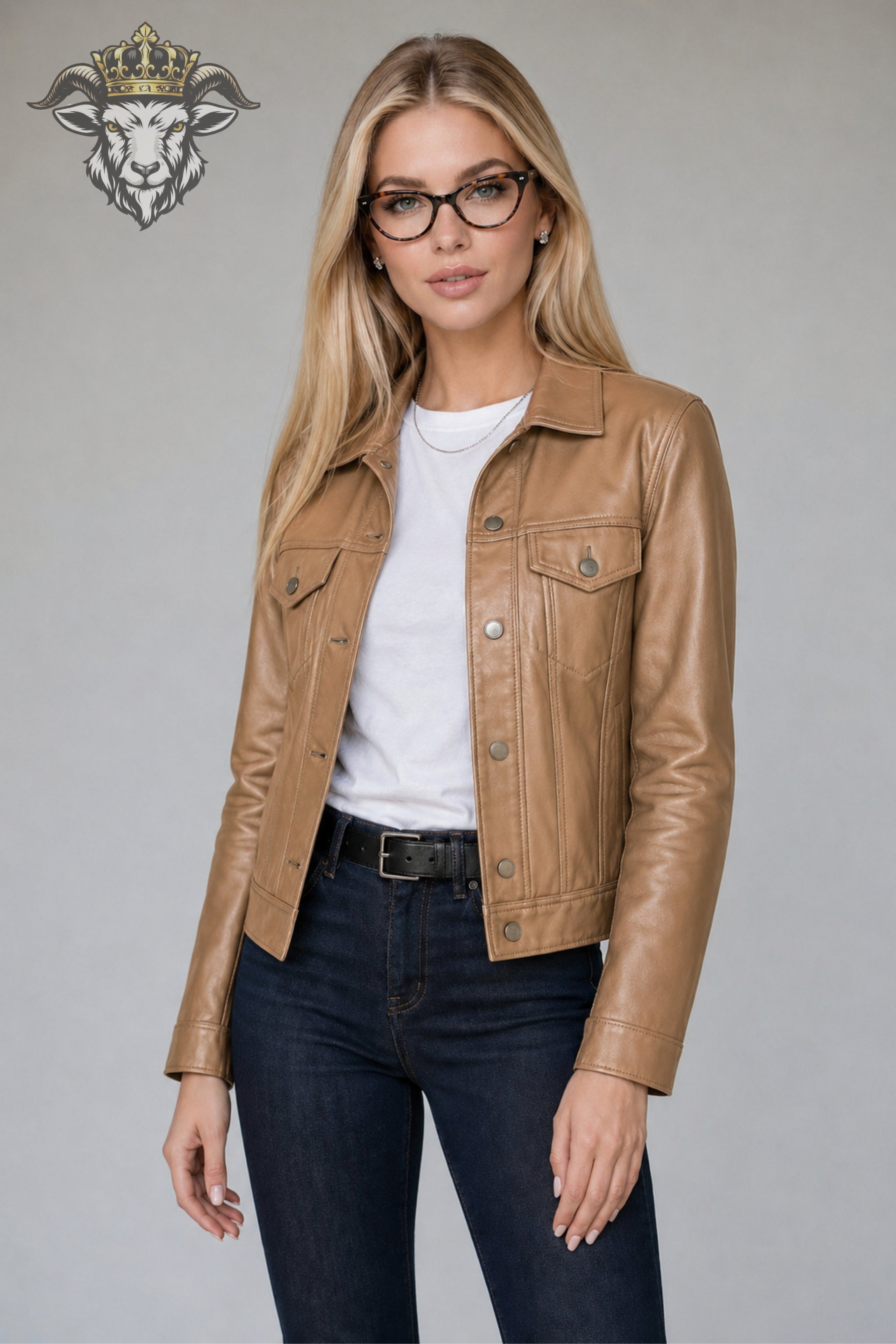 Women’s Tan Real Leather Trucker Jacket