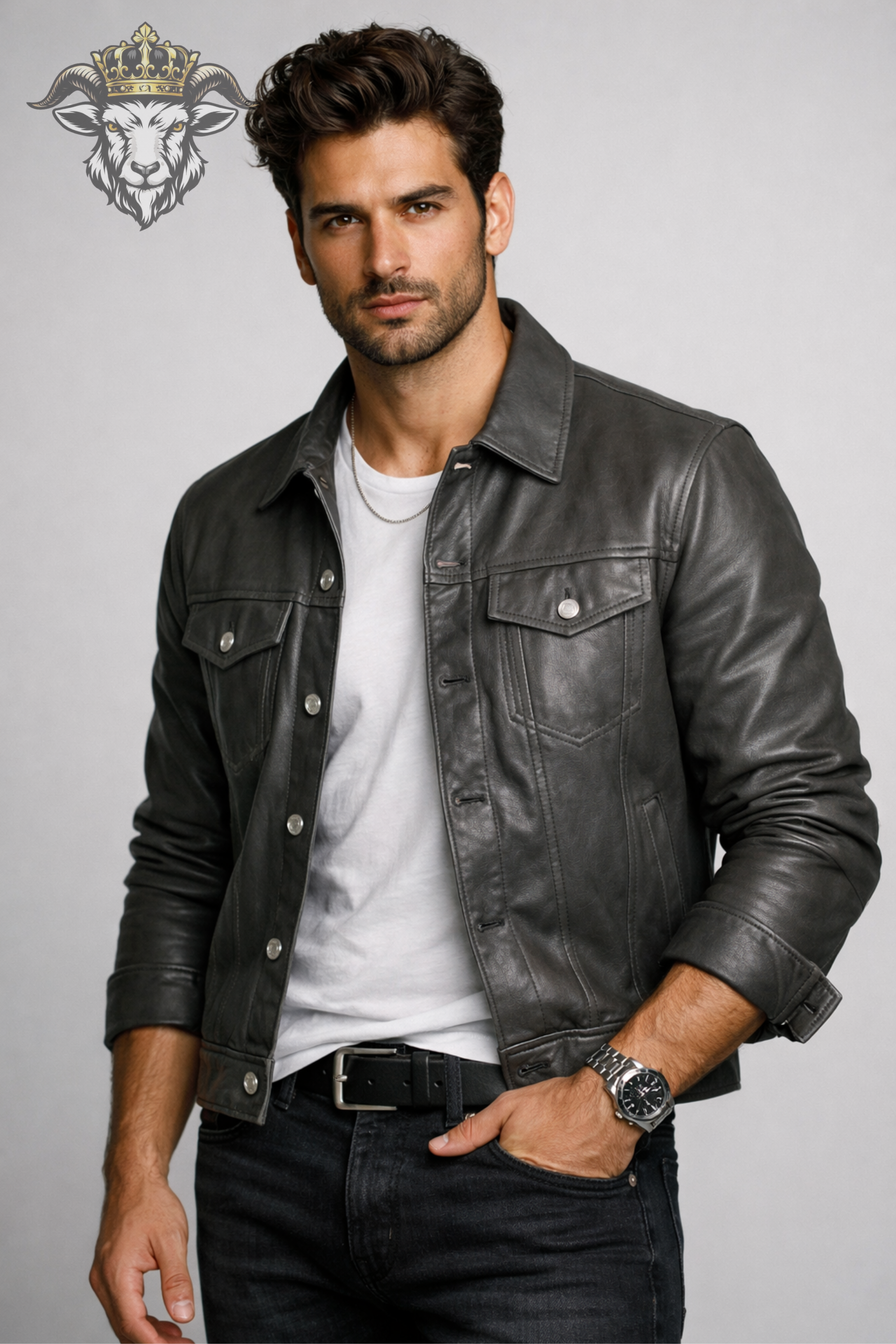 Men’s Grey Real Leather Trucker Jacket