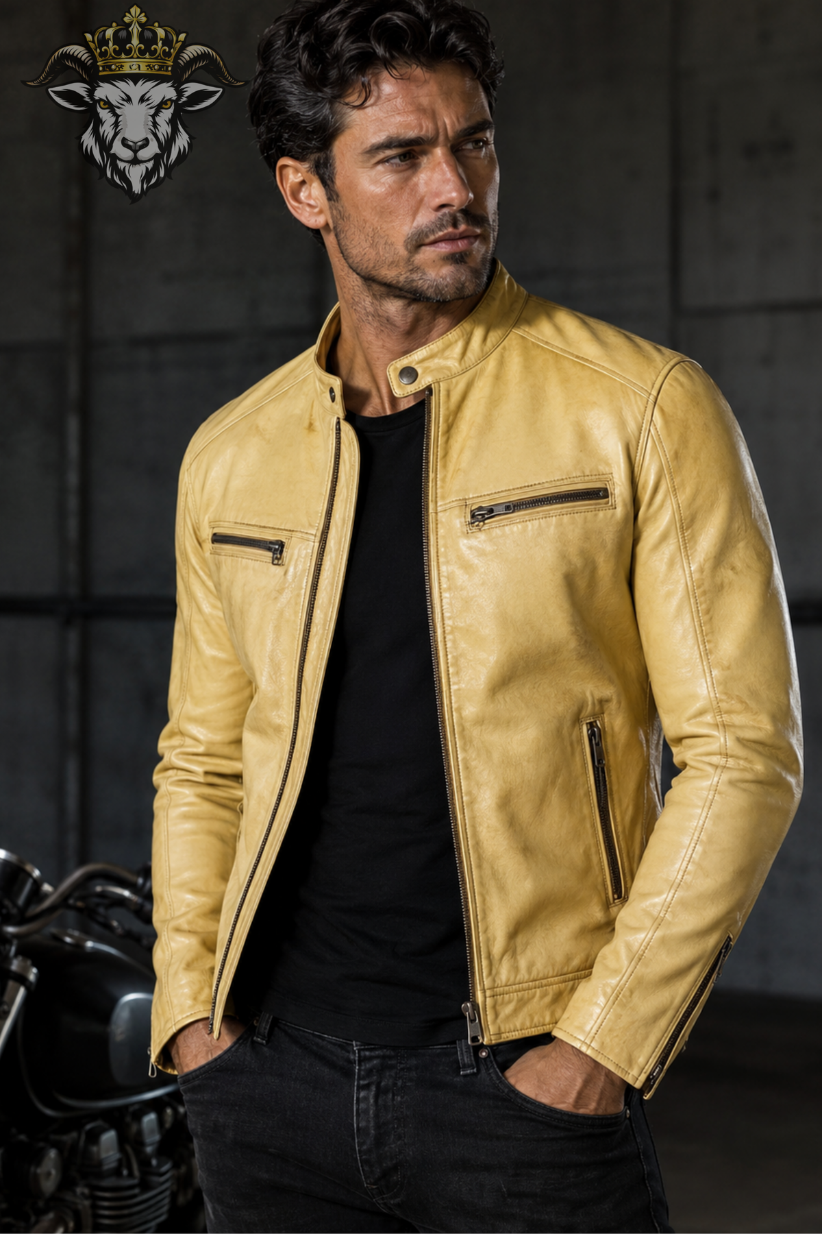 Men's Yellow Real Leather Biker Jacket, Slim Fit Motorcycle Jacket, Stand Collar Moto Jacket, Men's Yellow Leather Coat