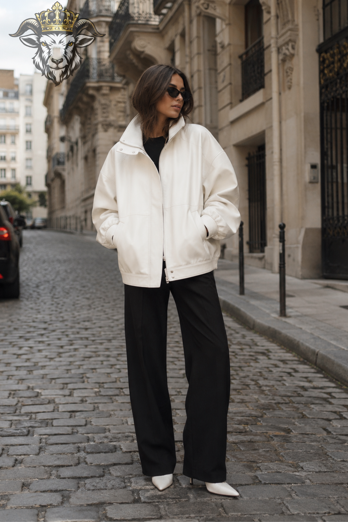 Women's White Oversized Bomber Jacket, Relaxed Fit Zip Up Outerwear, Structured Collar Streetwear Jacket, Minimalist Fashion Coat