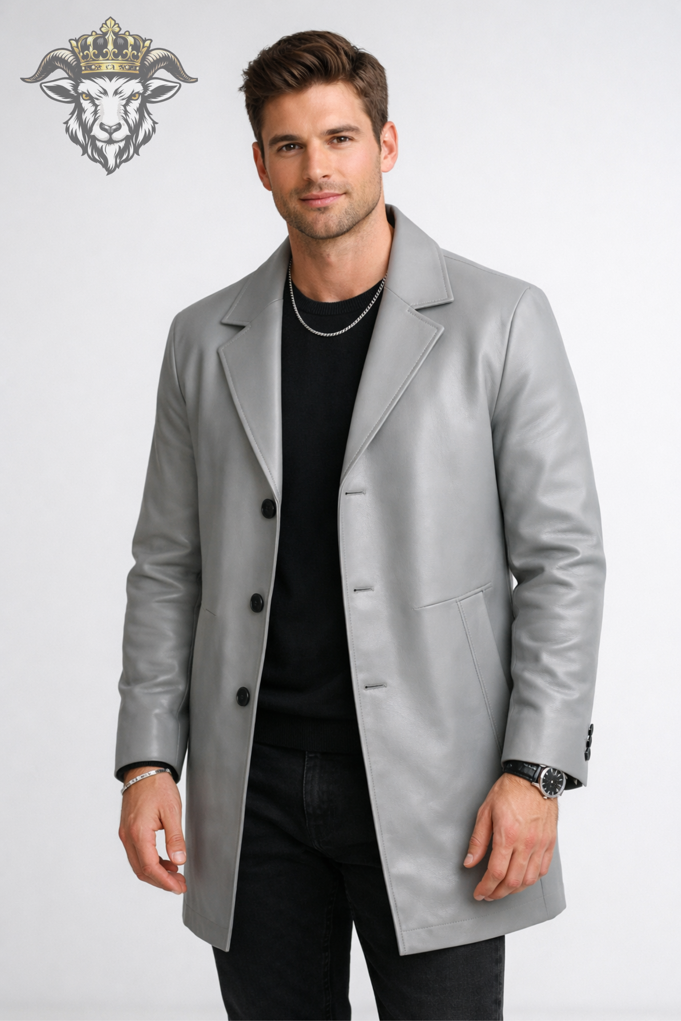 Men’s Light Grey Real Leather Coat – Mid-Thigh Premium Tailored Overcoat | Modern Slim Fit Jacket with Black Buttons