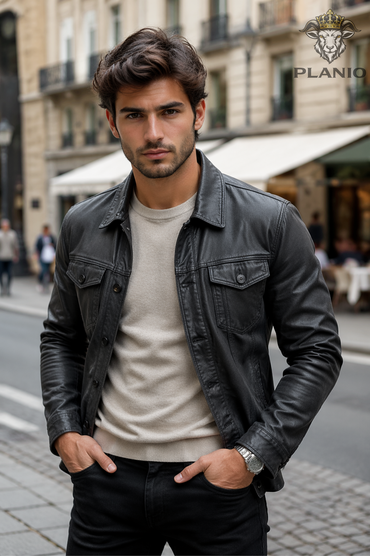 Men's Charcoal Leather Trucker Jacket – Premium Real Leather Button-Up Jacket with Chest Pockets
