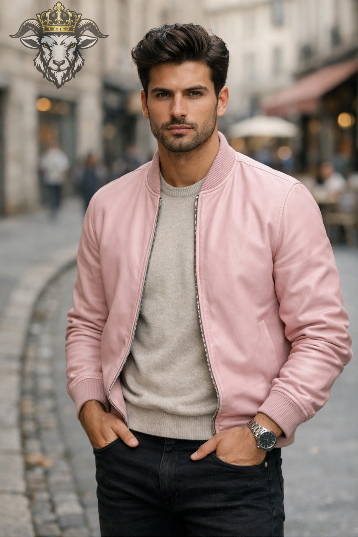 Men's Pink Leather Bomber Jacket, Soft Leather Zip Jacket, Ribbed Collar Casual Streetwear Jacket, Modern Pastel Outerwear for Men