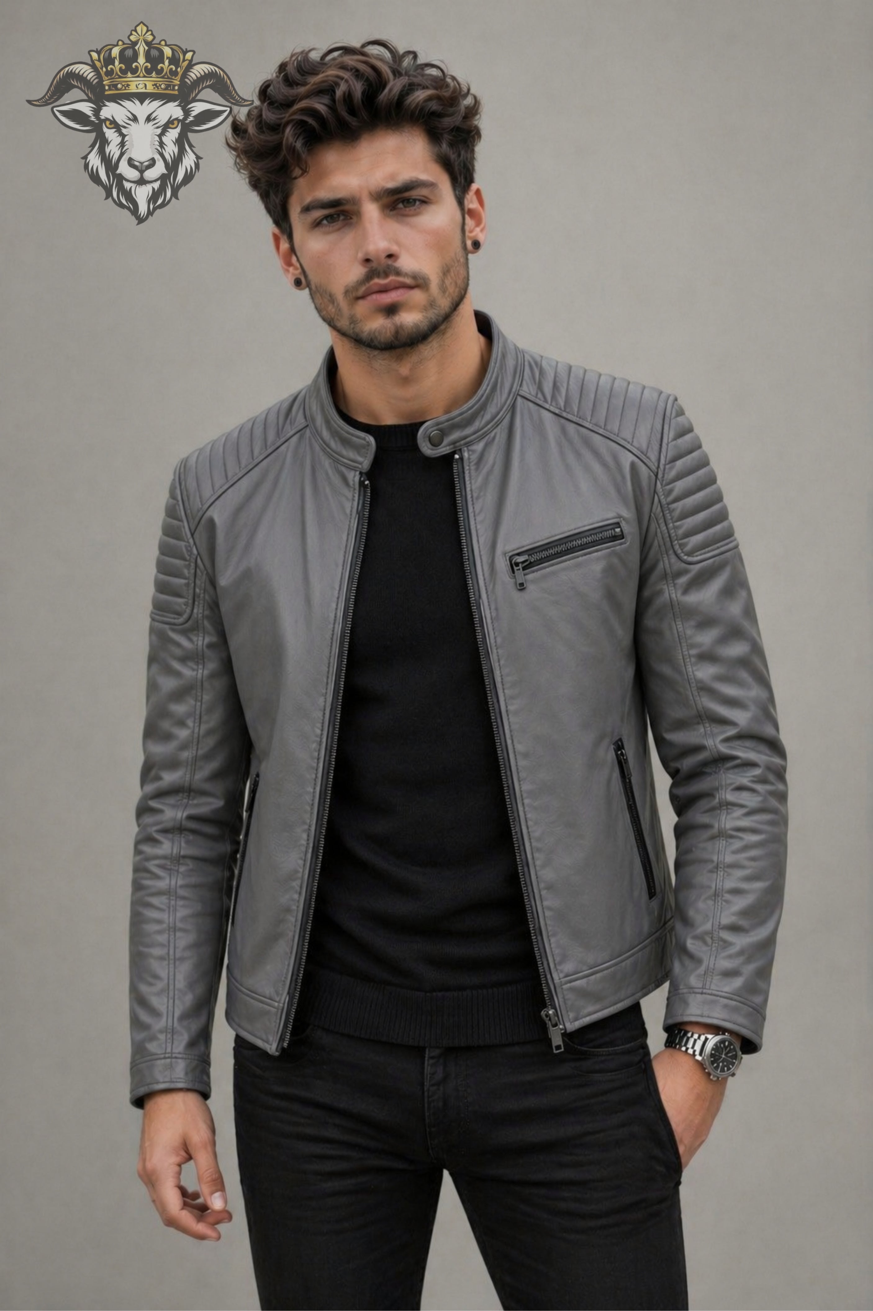 Men’s Grey Real Leather Roadster Jacket