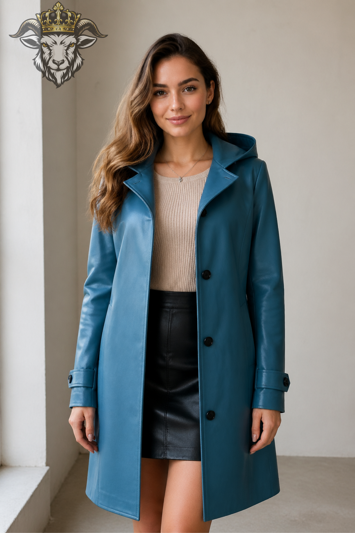 Women's Teal Leather Hooded Trench Coat – Mid-Thigh Long Coat, Stylish Women's Outerwear, Button Front Hooded Coat, Modern Fall Jacket
