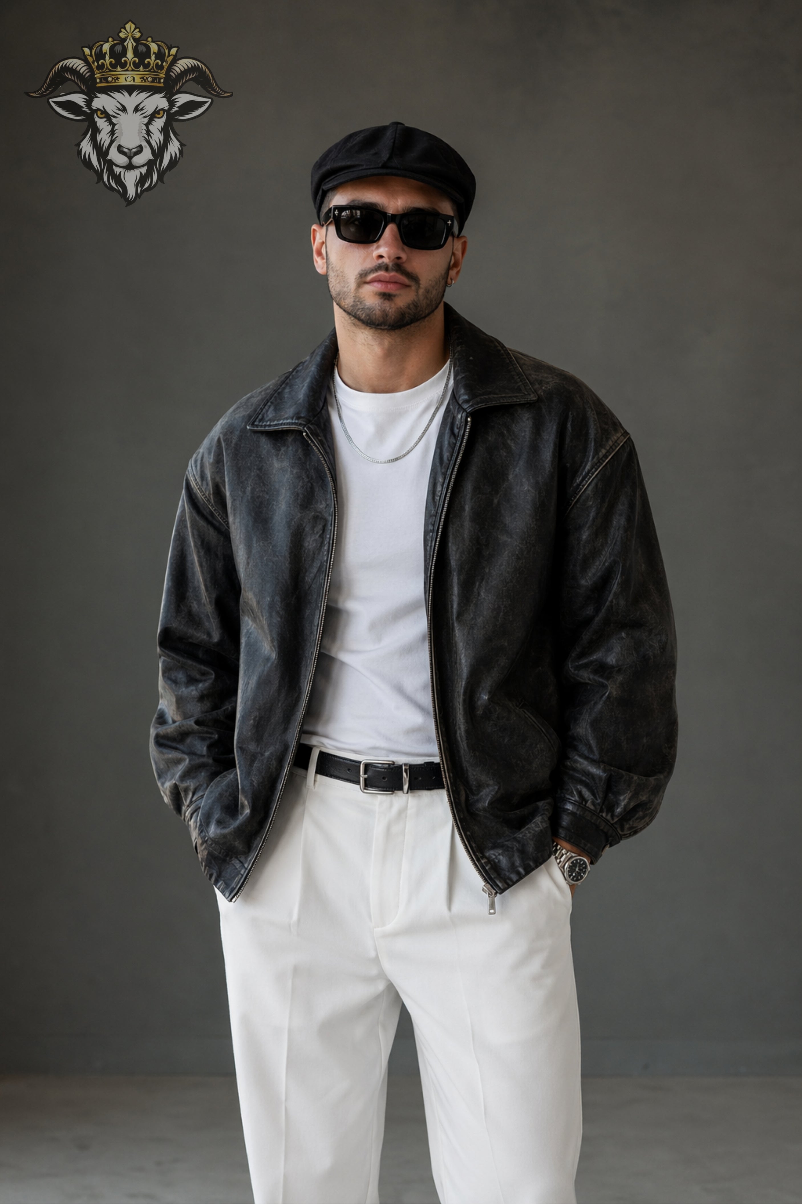Men’s Distress Black Oversize Real Leather Bomber Jacket