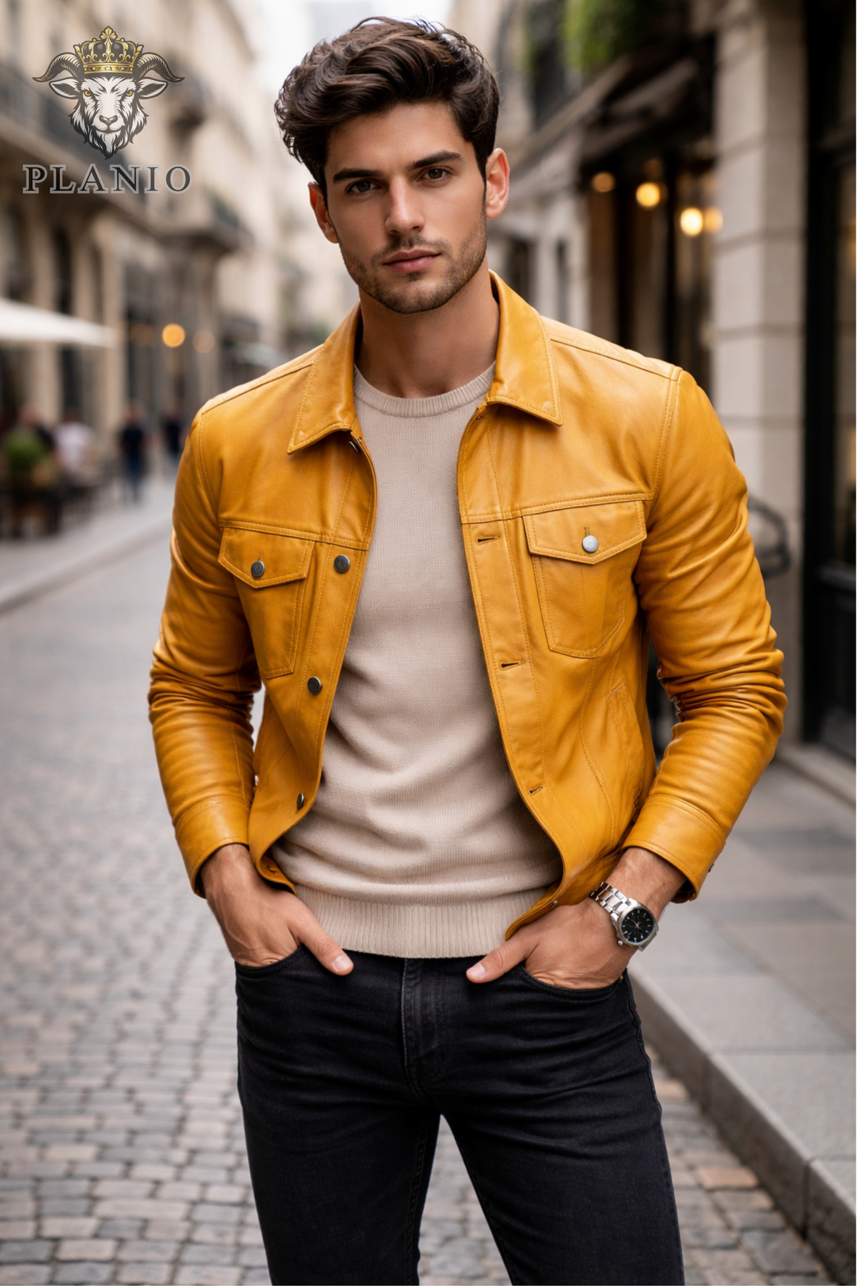 Men's Yellow Leather Trucker Jacket, Slim Fit Real Leather Jacket, Button Front Moto Style Coat, Vintage Casual Streetwear Jacket