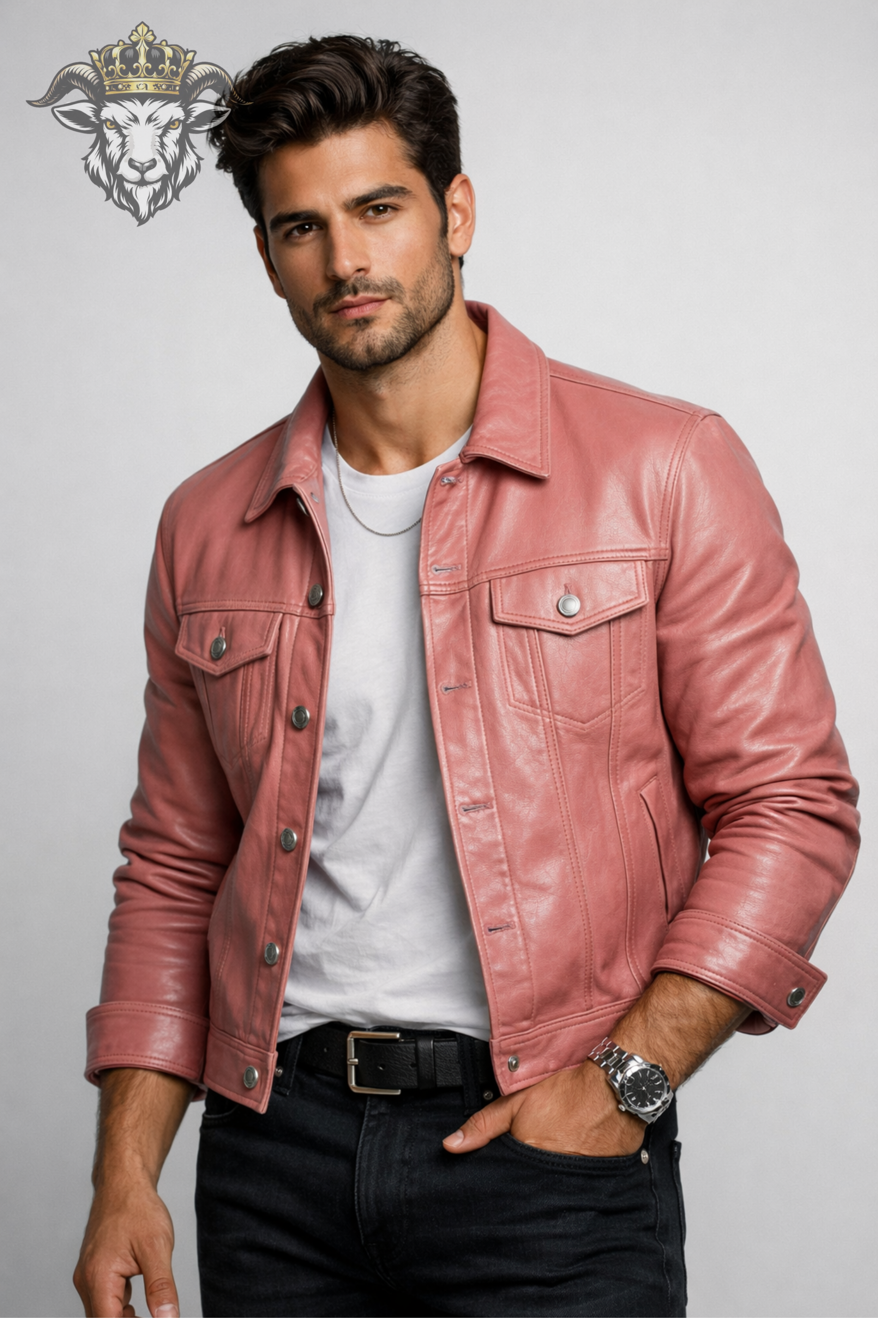 Men’s Pink Real Leather Trucker Jacket