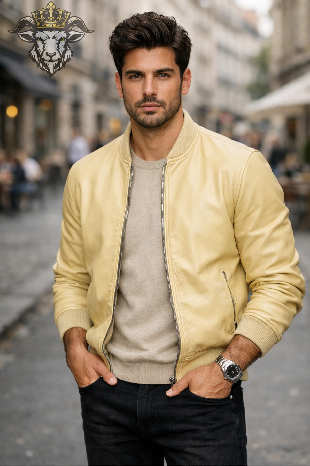Men's Butter Yellow Bomber Jacket, Light Yellow Zip Up Jacket, Ribbed Collar Flight Style Outerwear, Modern Casual Men's Jacket