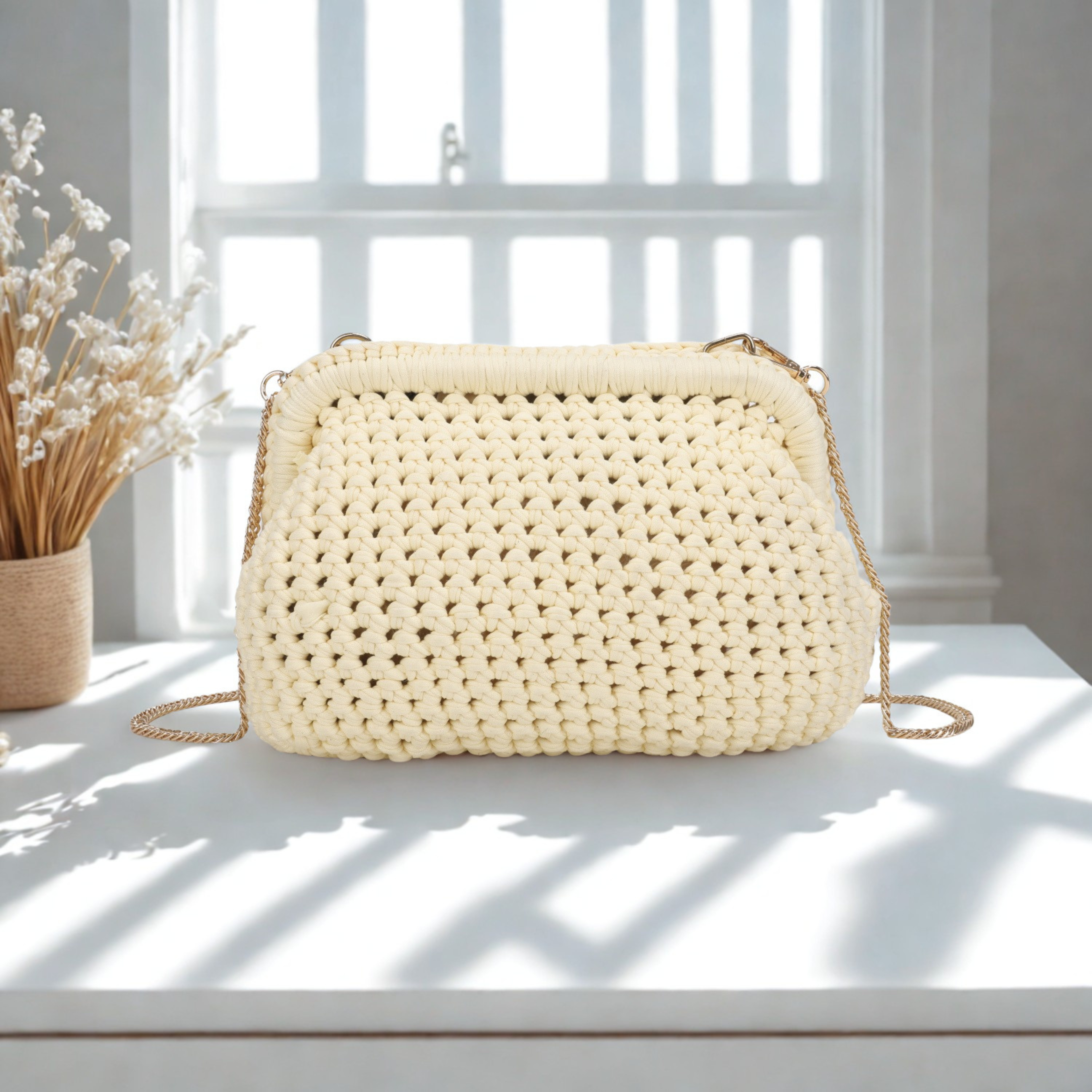 Ladies Crochet Crossbody Clutch Bag Gold Chain Snap Evening Shoulder Handbag