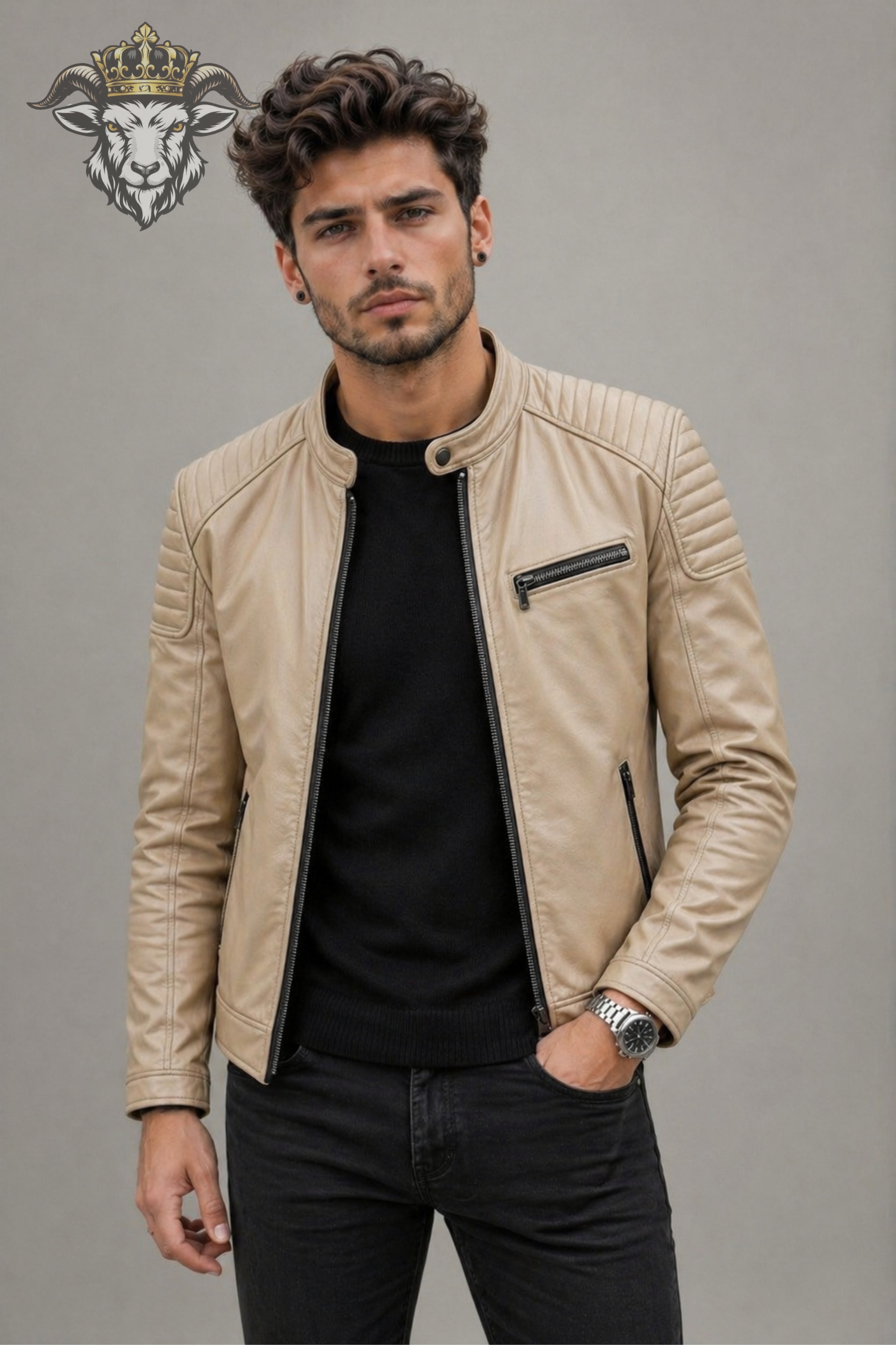 Men’s Beige Real Leather Roadster Jacket