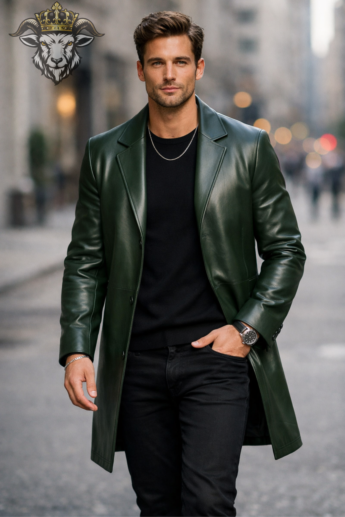 Men's Deep Green Leather Coat, Slim Fit Mid-Thigh Overcoat, Tailored Lapel Jacket, Classic Button Front Winter Outerwear