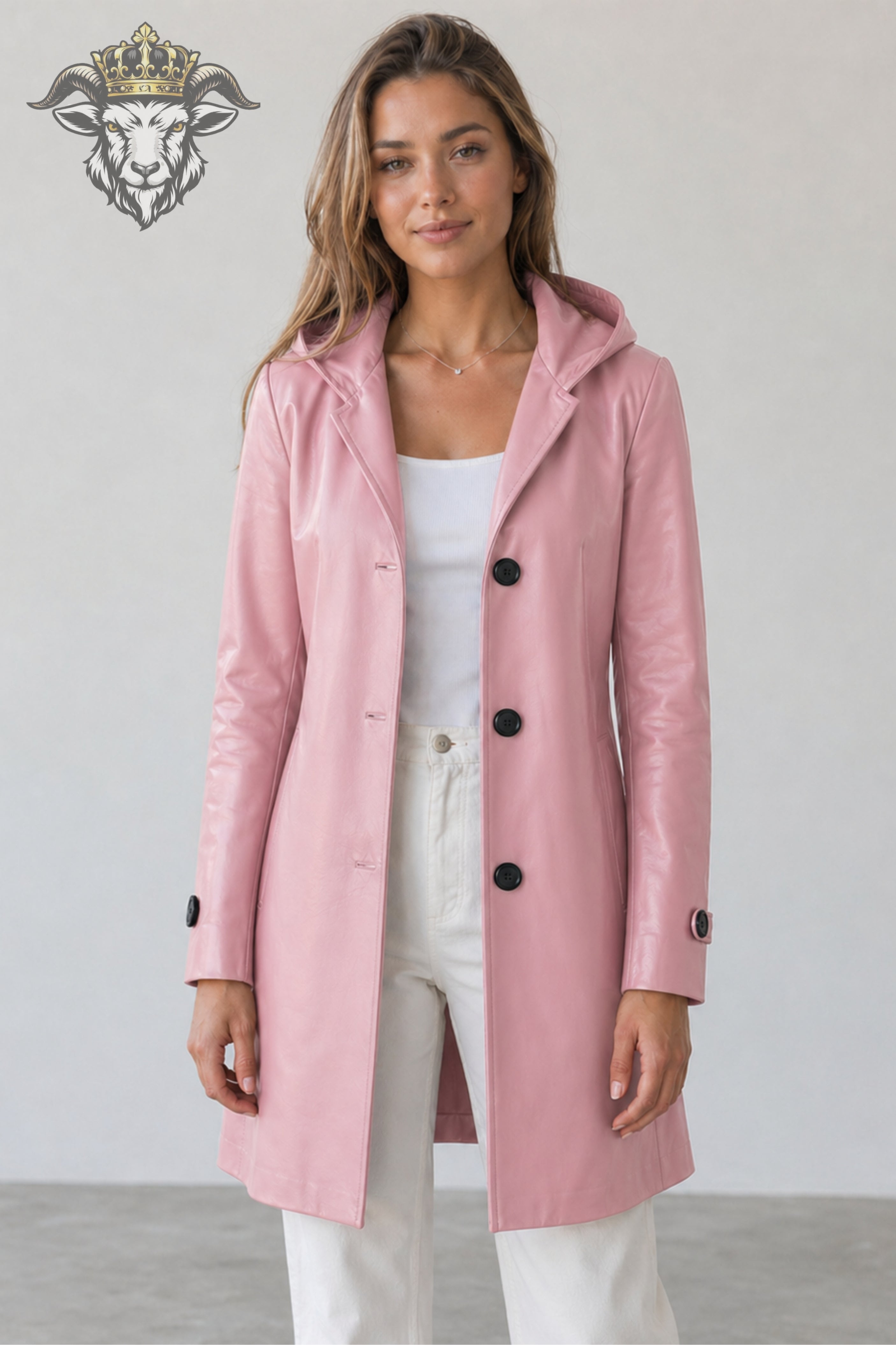 Women’s Pink Real Leather Hooded Coat