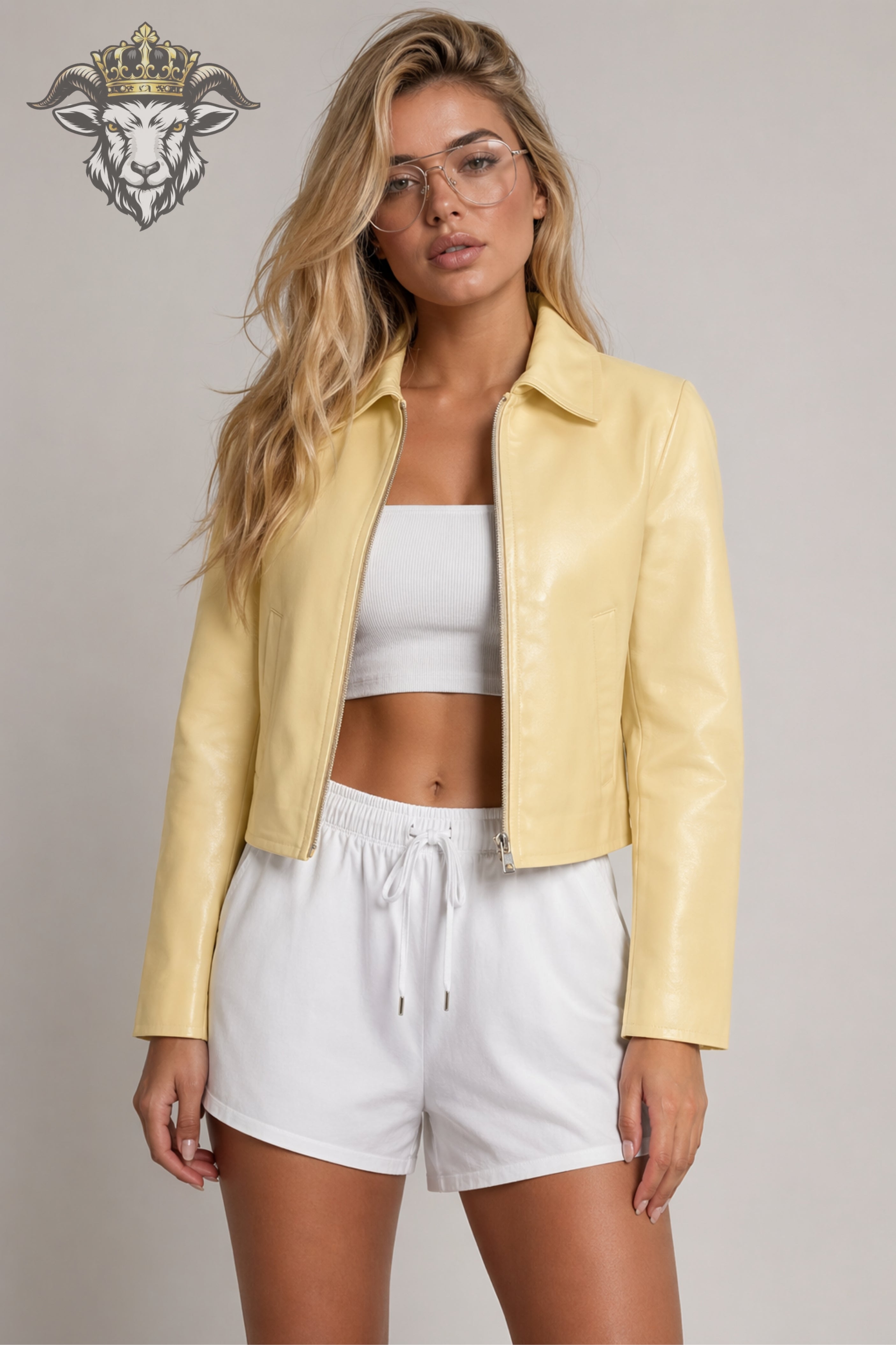 Women’s Pale Yellow Real Leather Cropped Jacket