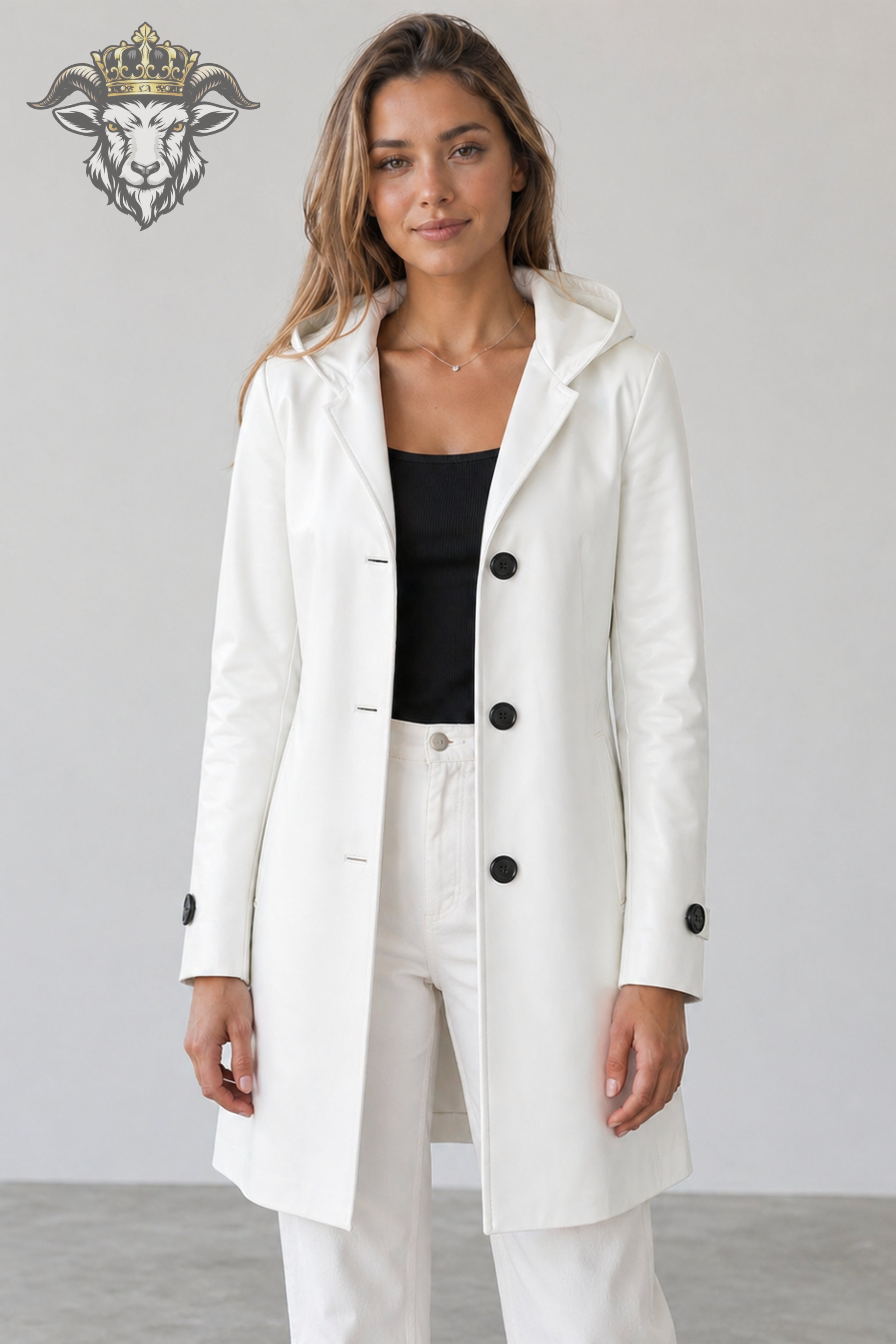 Women’s White Real Leather Hooded Coat