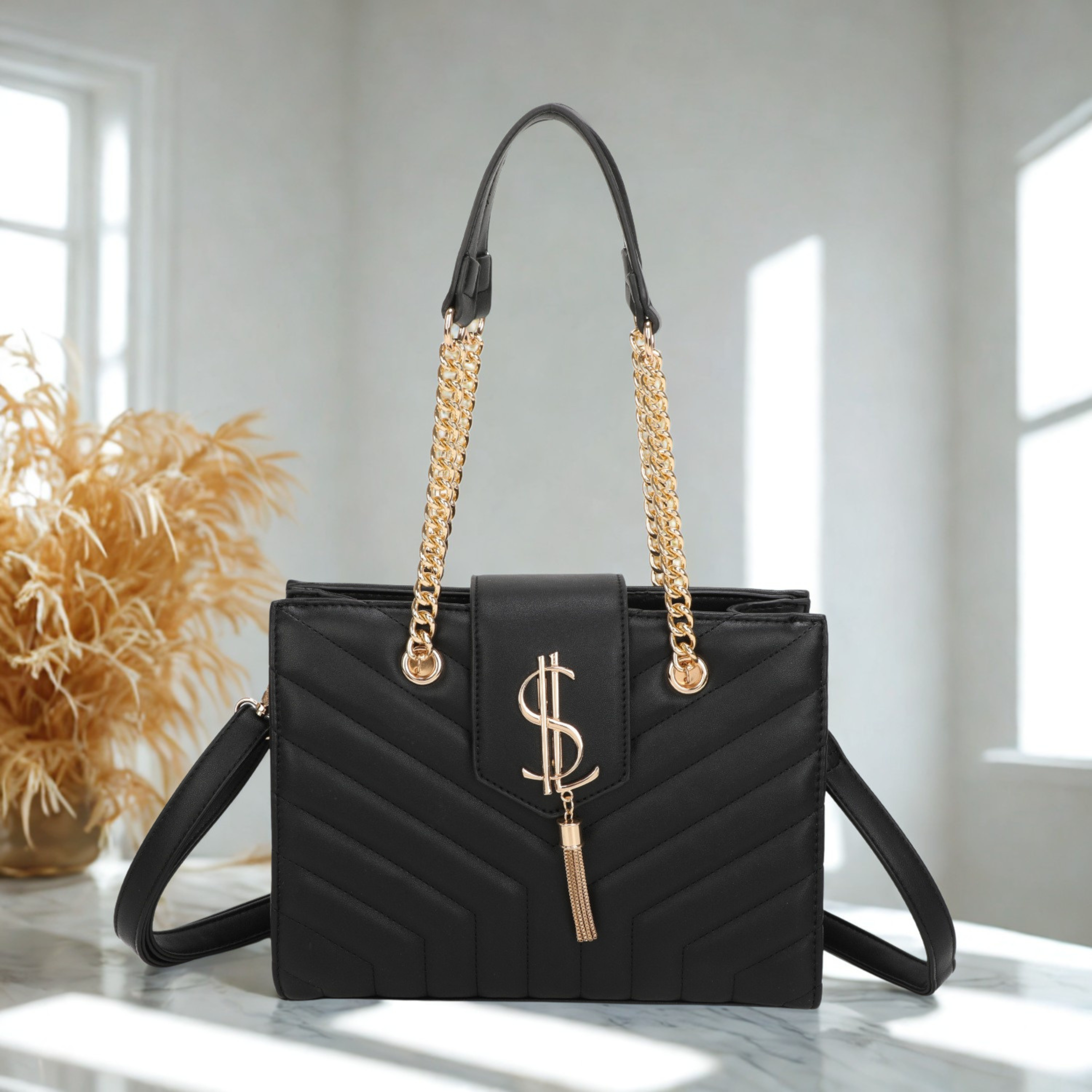 Women’s Quilted Shoulder Bag with Gold Chain Handles, Detachable Crossbody Strap