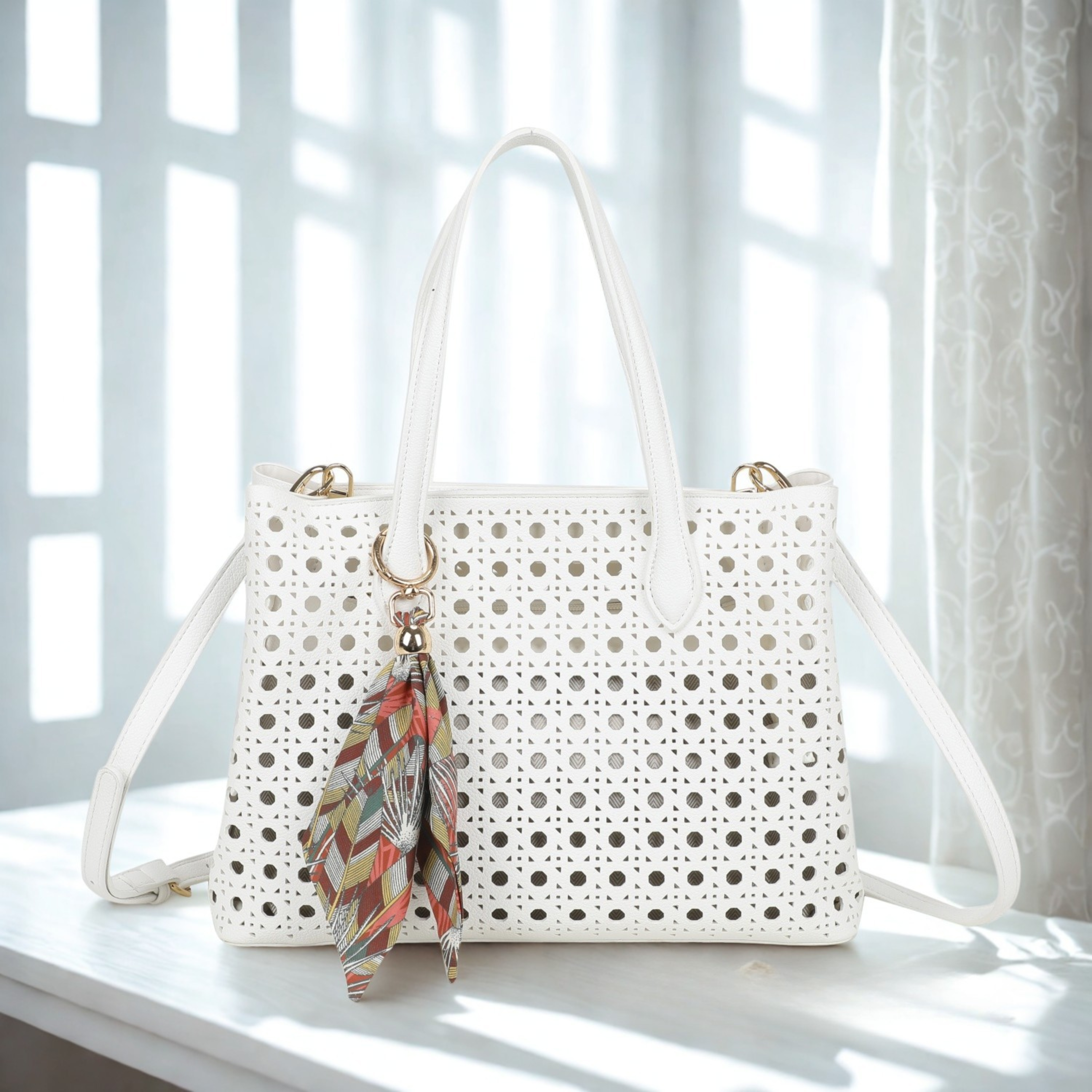 Women’s Laser Cut Tote Bag with Detachable Strap & Scarf Charm
