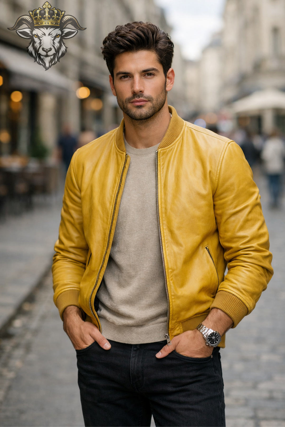 Men's Yellow Real Leather Bomber Jacket, Mustard Moto Jacket, Ribbed Collar Zip Jacket, Bold Vintage Streetwear Coat