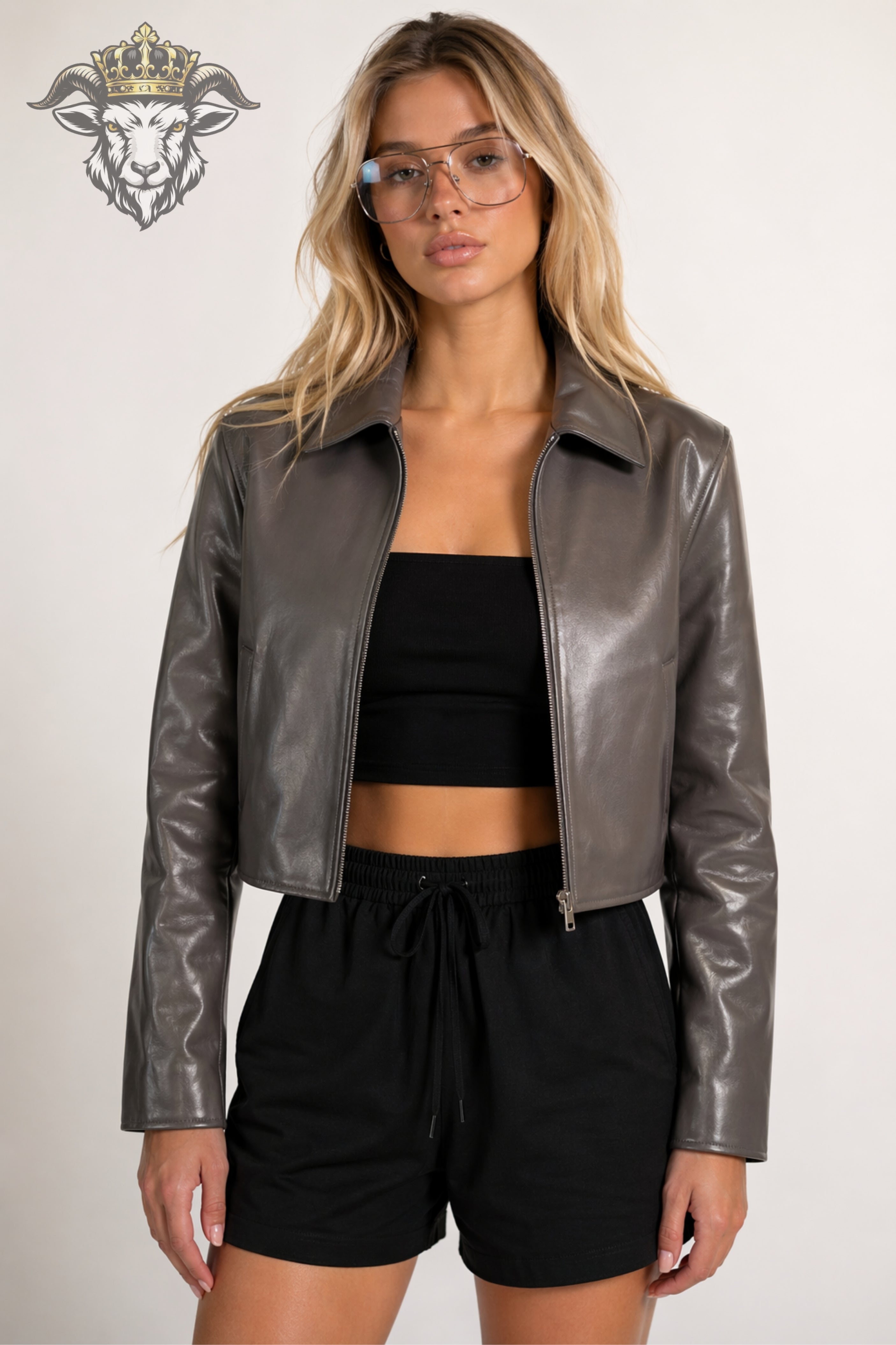 Women’s Grey Real Leather Cropped Jacket