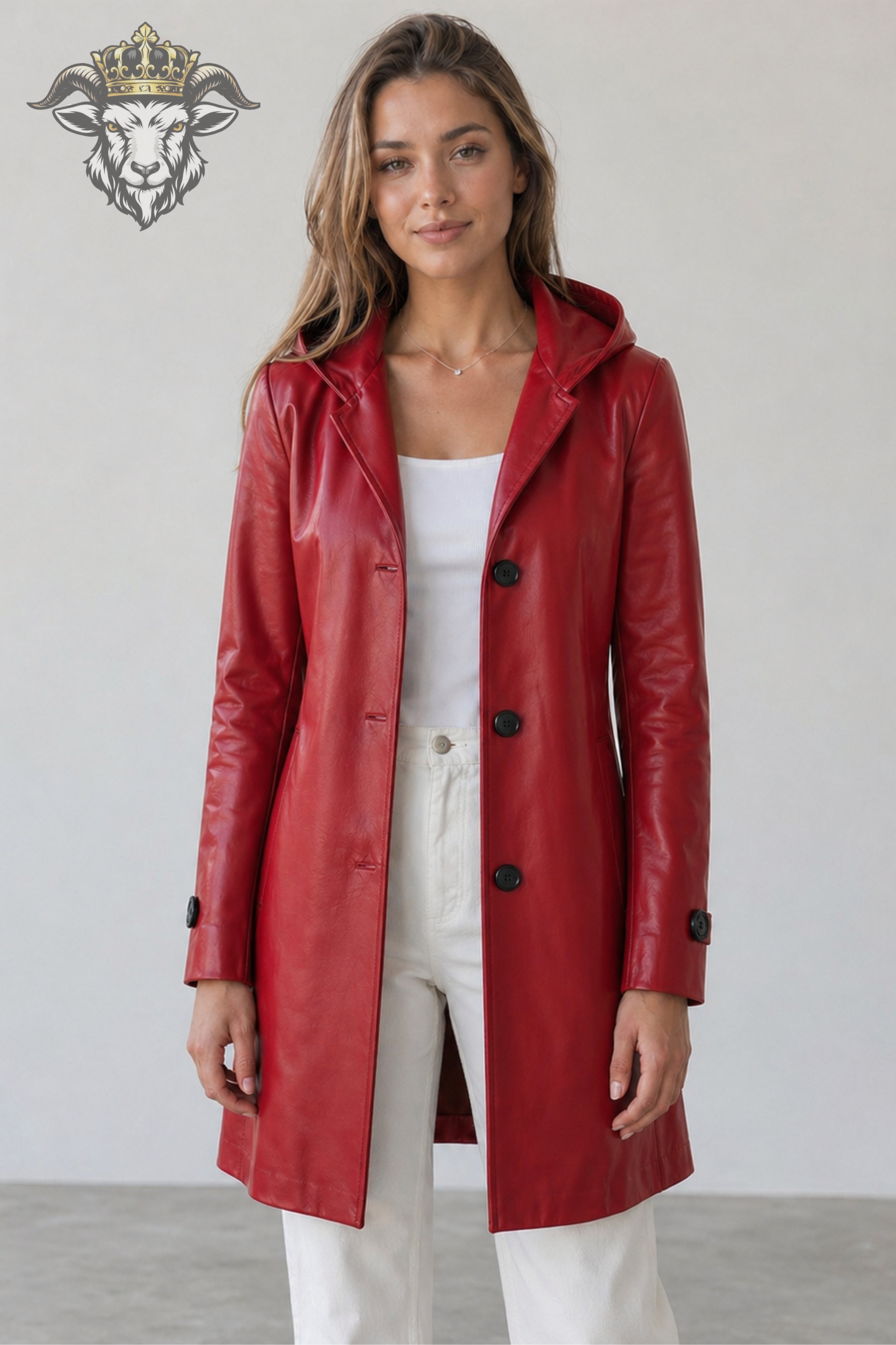 Women’s Red Real Leather Hooded Coat