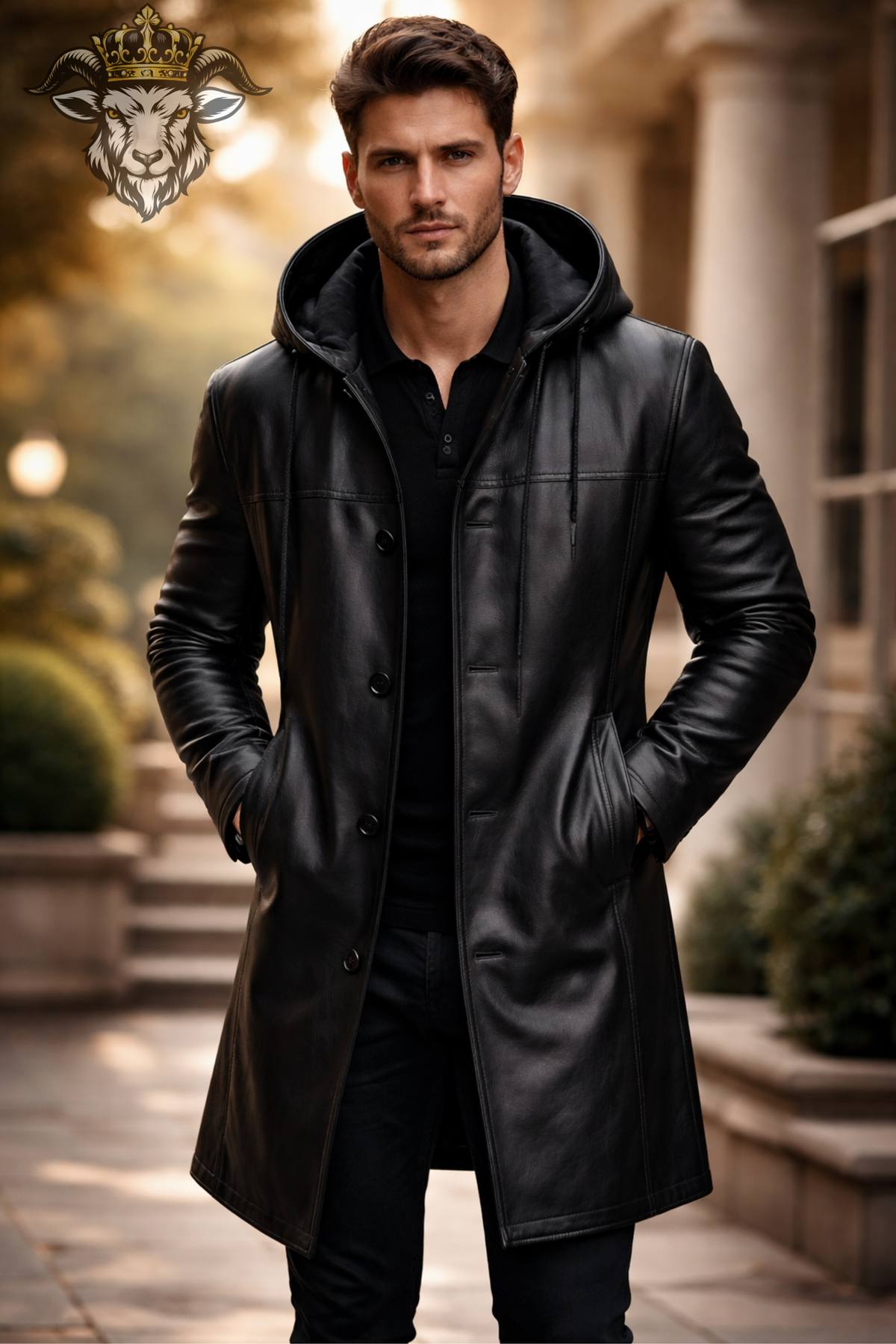 Men's Black Real Leather Hooded Long Coat, Men's Leather Trench Coat, Above Knee Winter Jacket, Gothic Streetwear, Button Front Outerwear