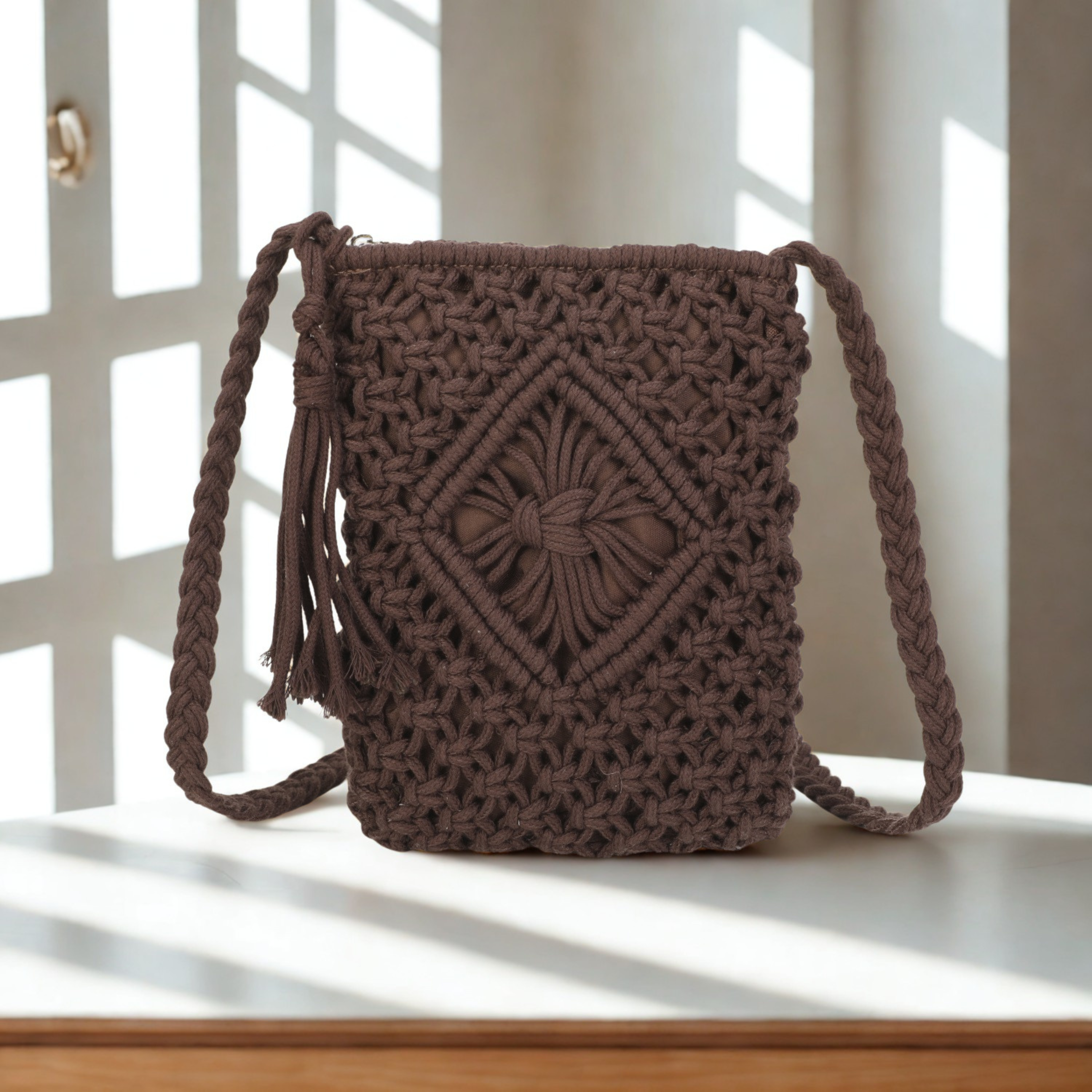 Women’s Crochet Crossbody Bag – Knitted Synthetic Shoulder Bag with Zip Closure