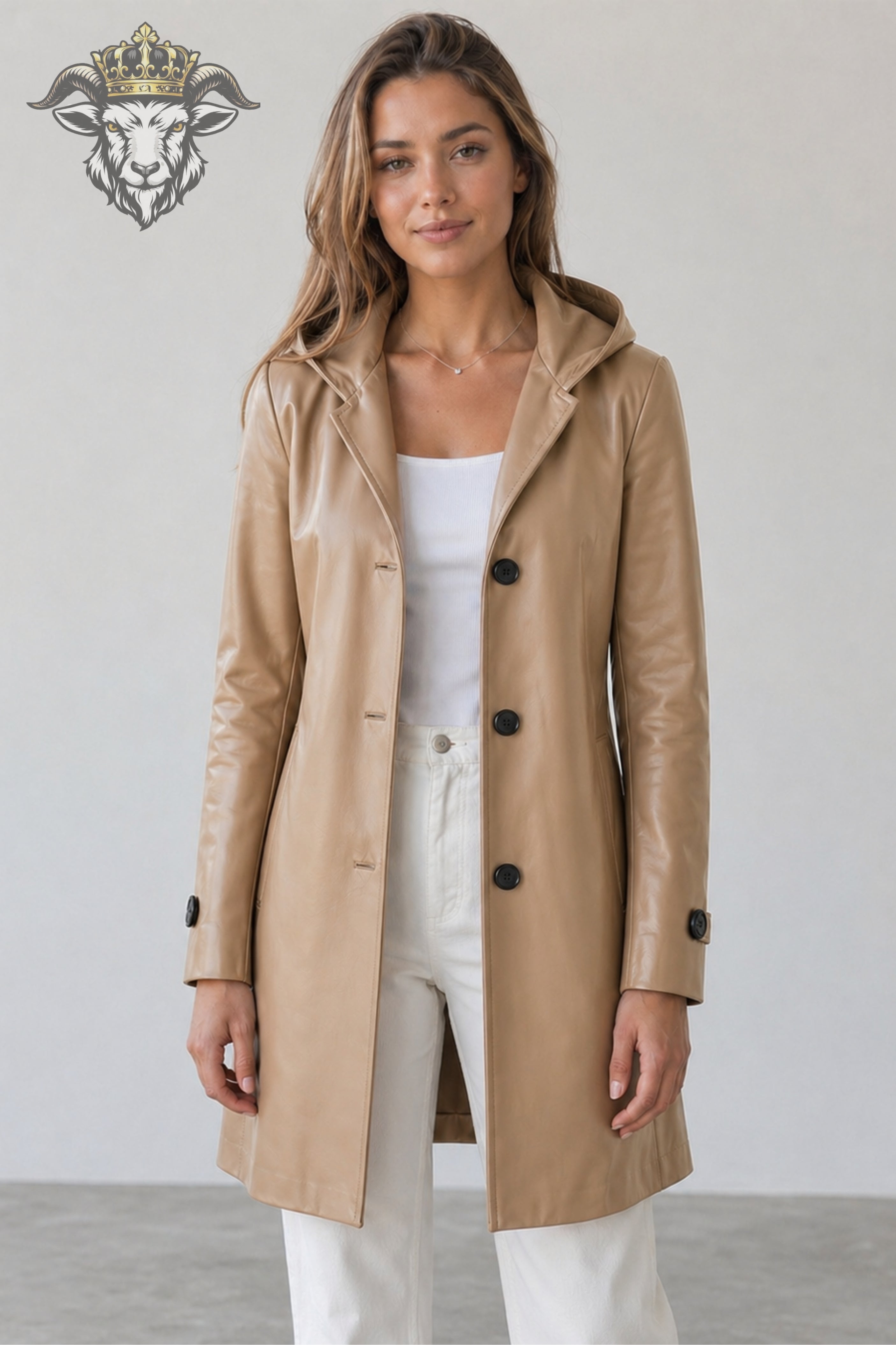 Women’s Tan Real Leather Hooded Coat