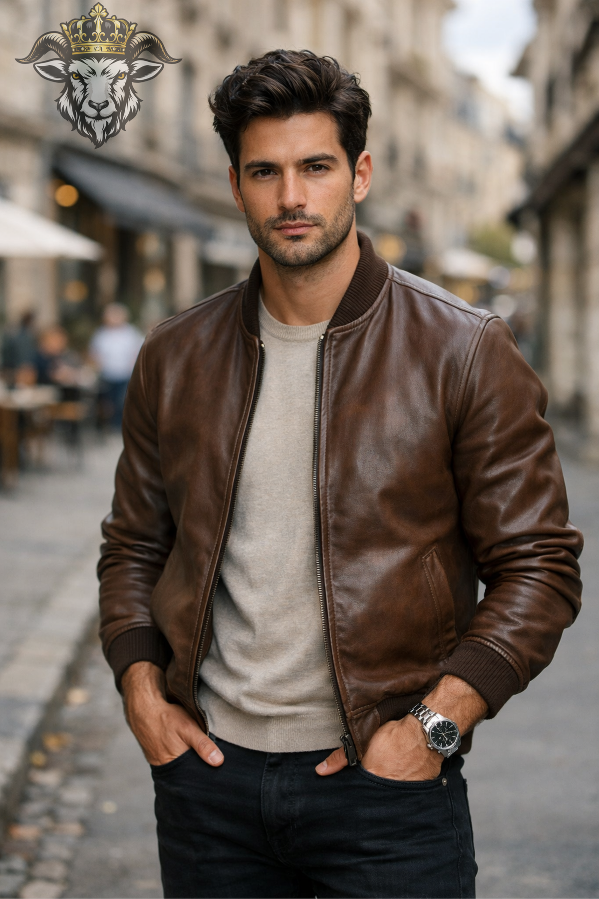 Men's Brown Leather Bomber Jacket, Real Leather Slim Fit Jacket, Vintage Inspired Zip Outerwear, Ribbed Collar Casual Streetwear Coat