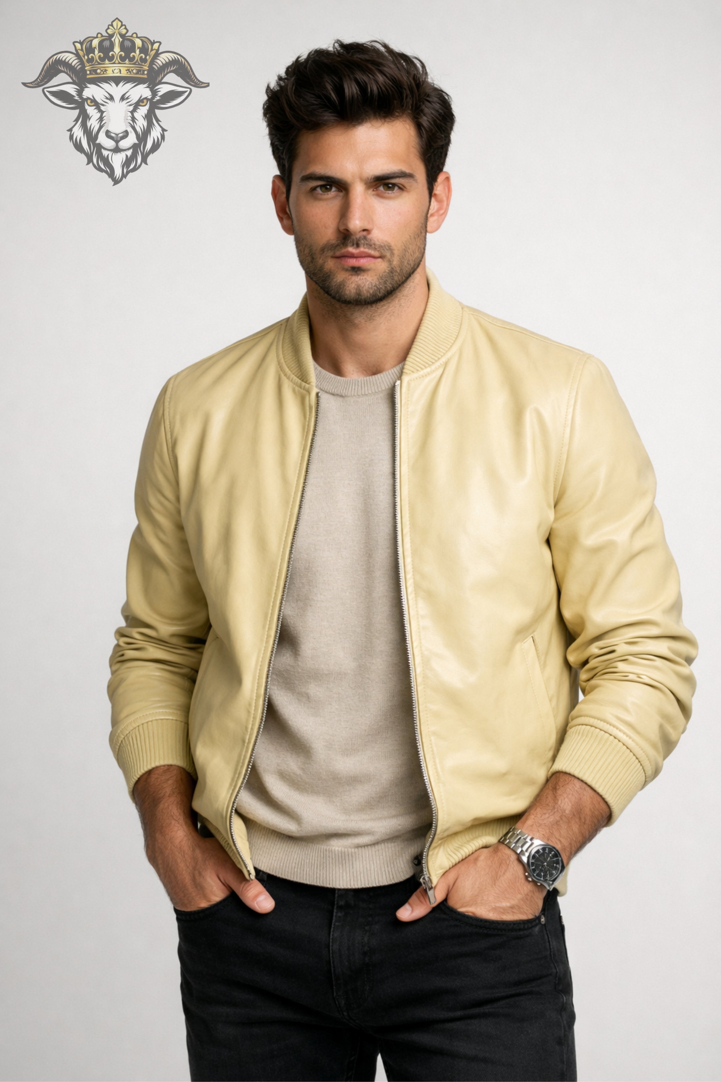 Pale Yellow Real Leather Bomber Jacket for Men