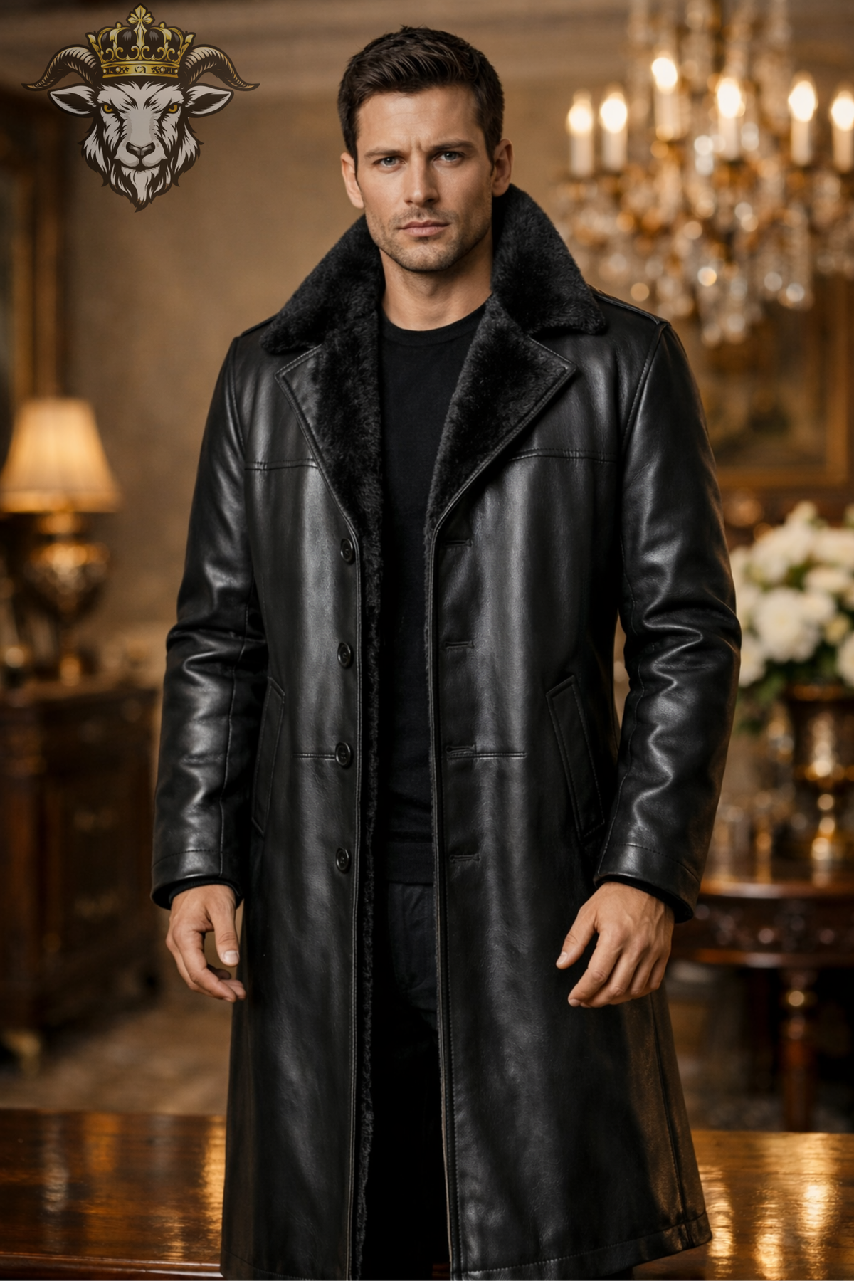 Men Black Real Leather Long Coat Faux Fur Lined Winter Coat Below Knee Trench Coat Button Closure Luxury Leather Overcoat