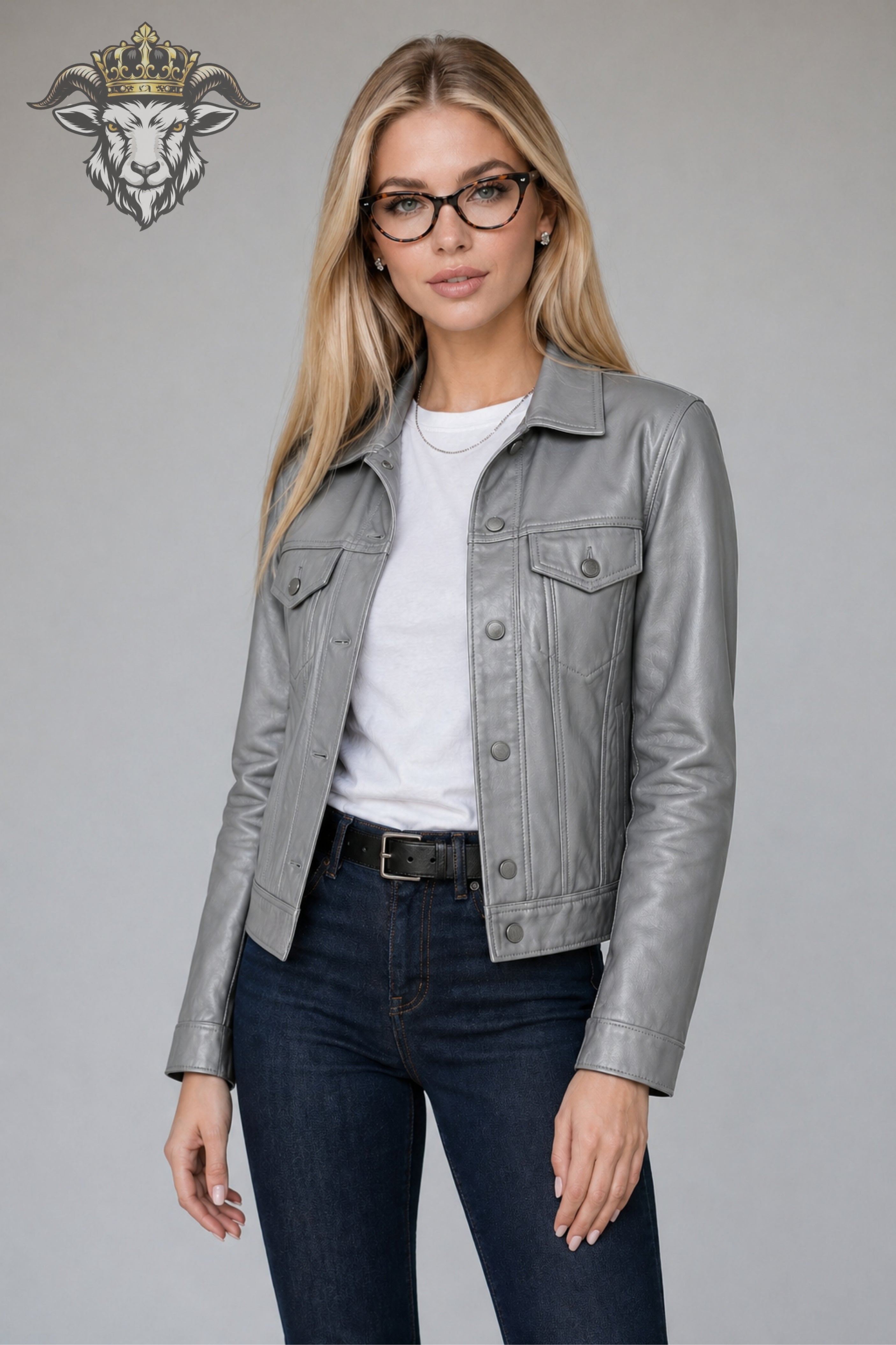 Women’s Grey Real Leather Trucker Jacket