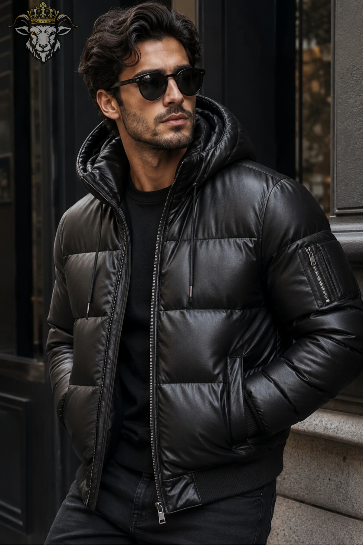 Men’s Black Genuine Leather Puffer Jacket with Hood, Quilted Leather Bomber Jacket, Winter Coat, Hooded Motorcycle Jacket, Streetwear