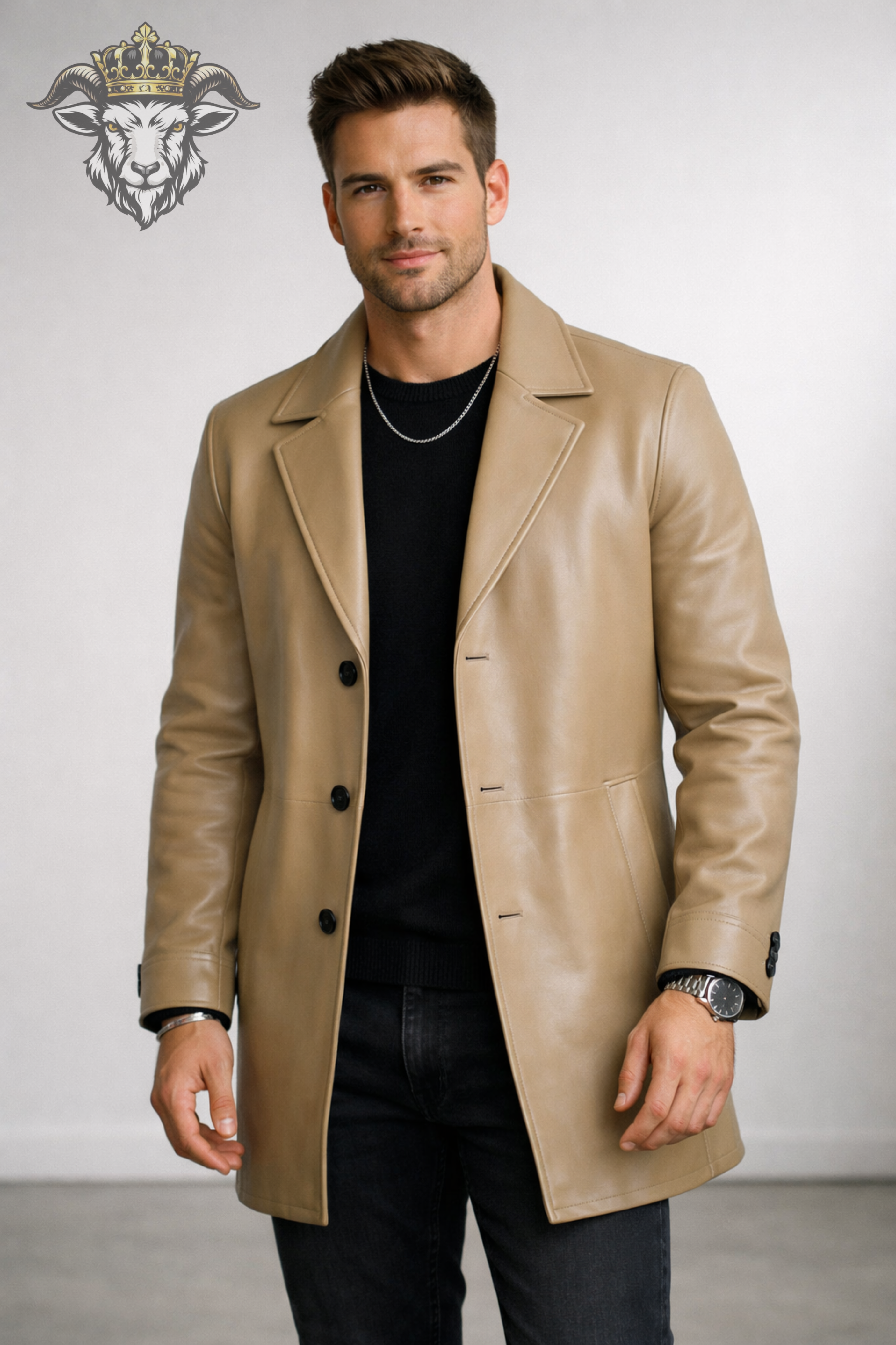 Men’s Real Leather Coat – Premium Beige Mid-Length Leather Jacket with Classic Lapel, Tailored Fit Winter Overcoat for Men