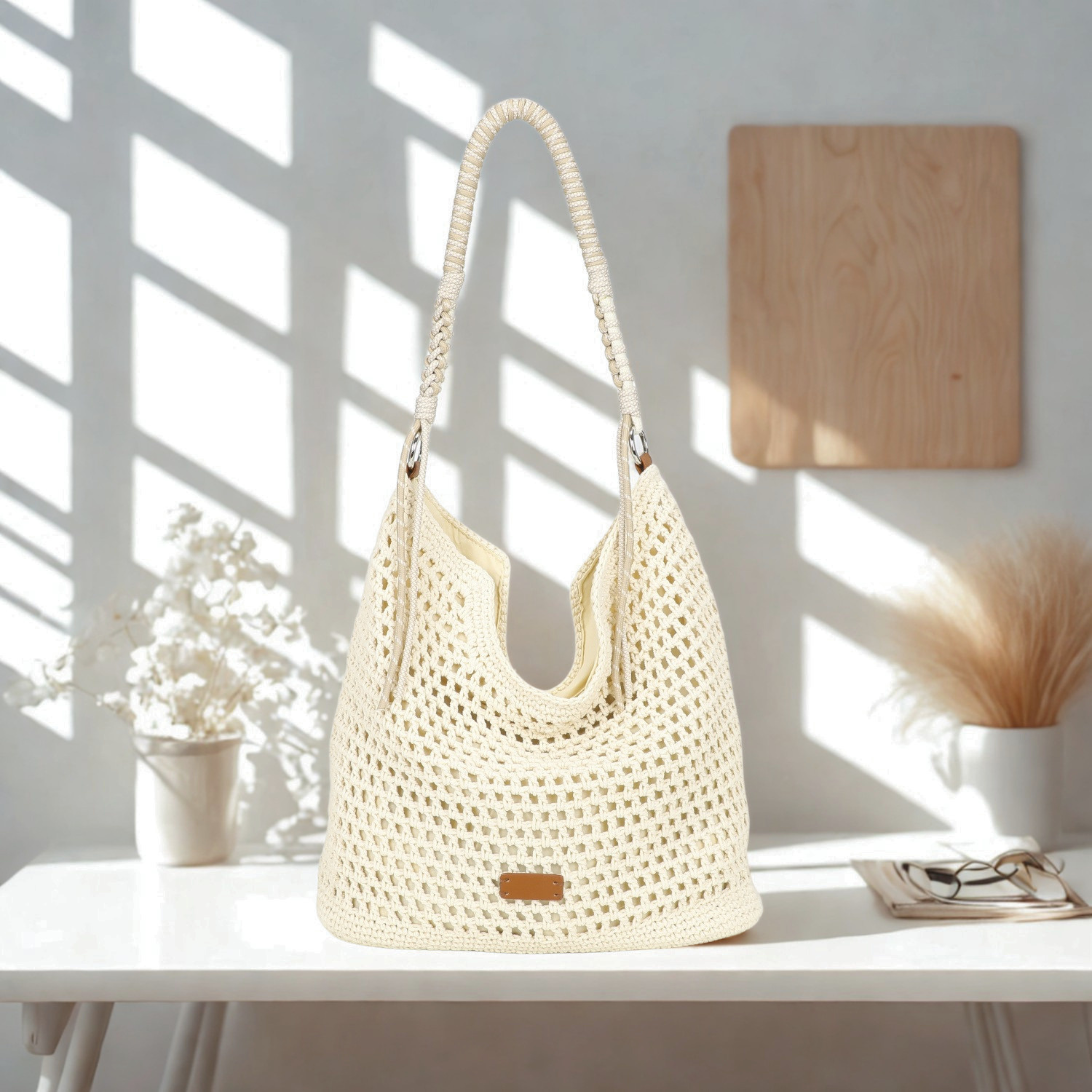 Women’s Crochet Hobo Shoulder Bag Synthetic Handmade Braided Strap Zip Handbag