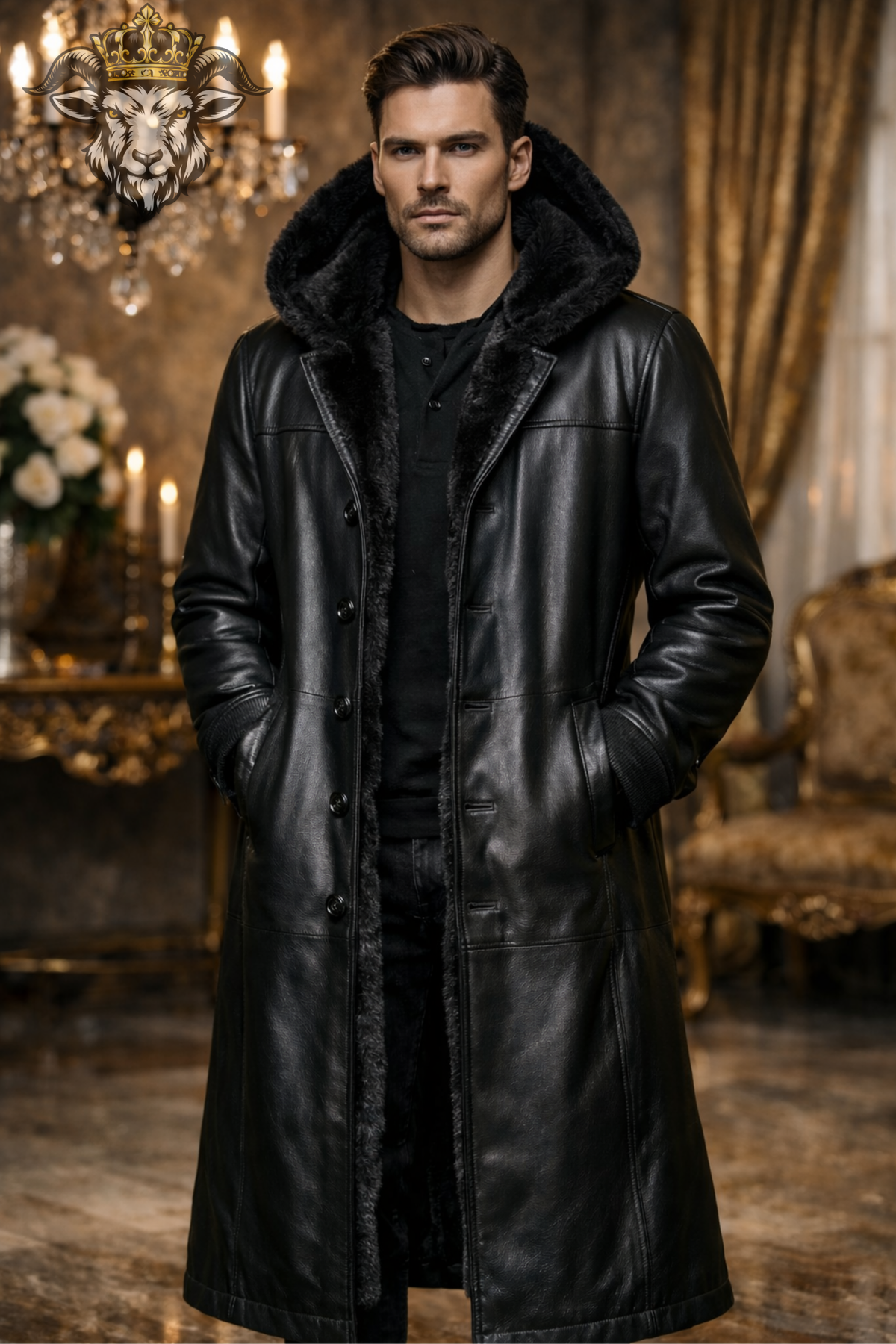 Men's Black Real Leather Hooded Long Coat, Fur Lined Winter Coat, Below Knee Button Closure Luxury Leather Trench Coat, Warm Outerwear Jacket